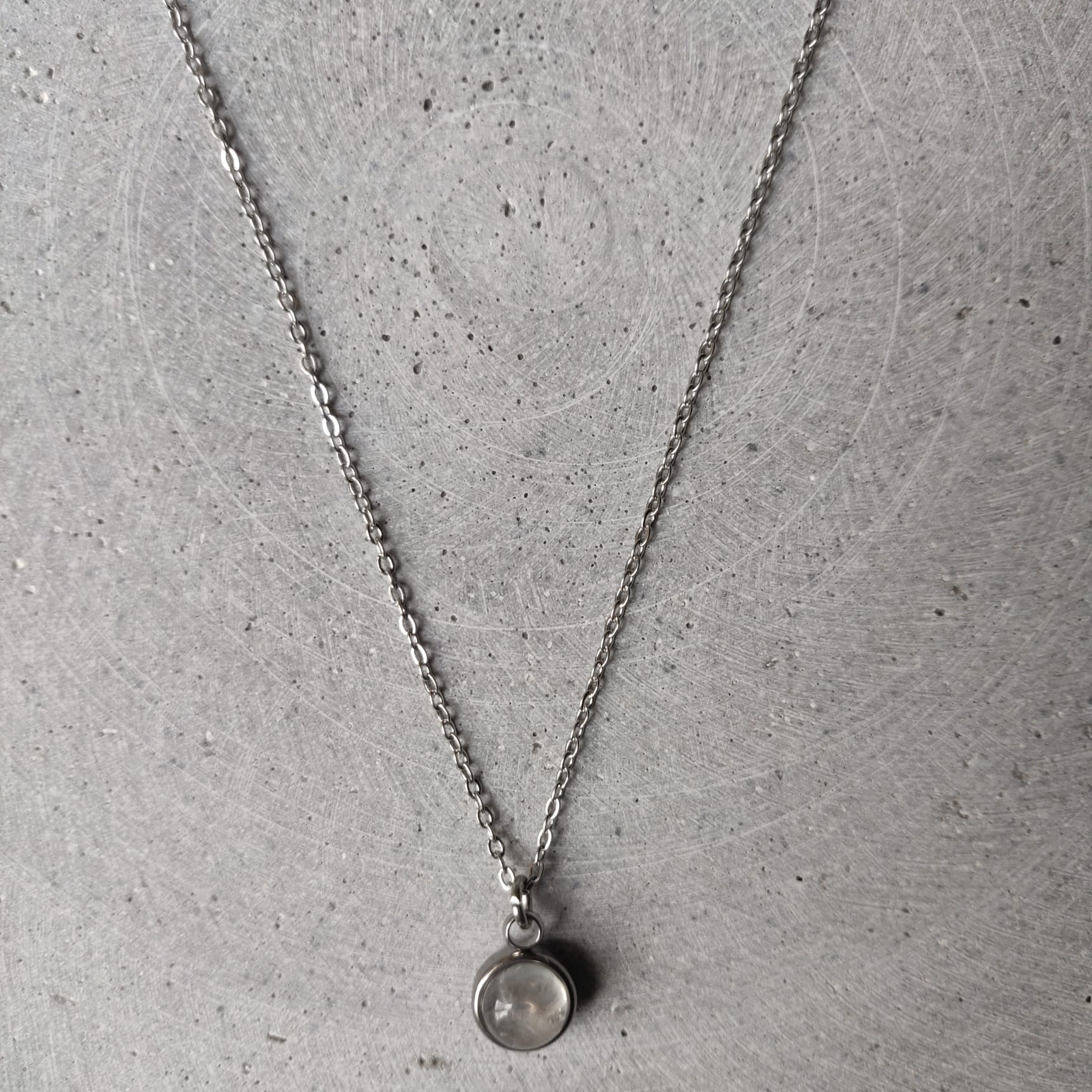 Circular Clear Quartz Drop Necklace on Stainless Steel Box Chain