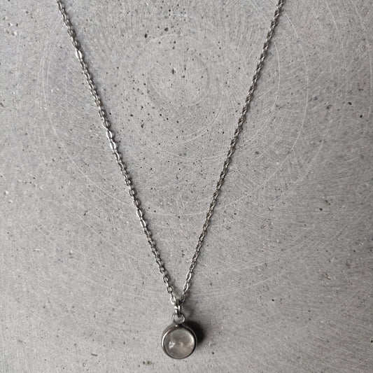 Circular Clear Quartz Drop Necklace on Stainless Steel Box Chain