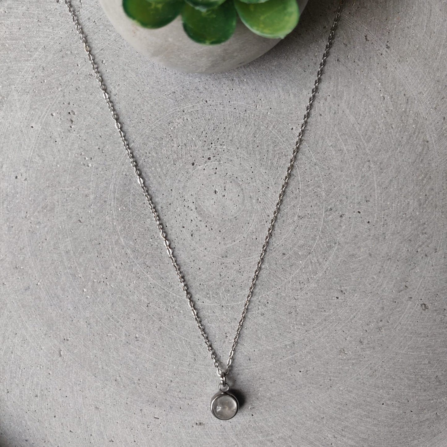 Circular Clear Quartz Drop Necklace on Stainless Steel Box Chain