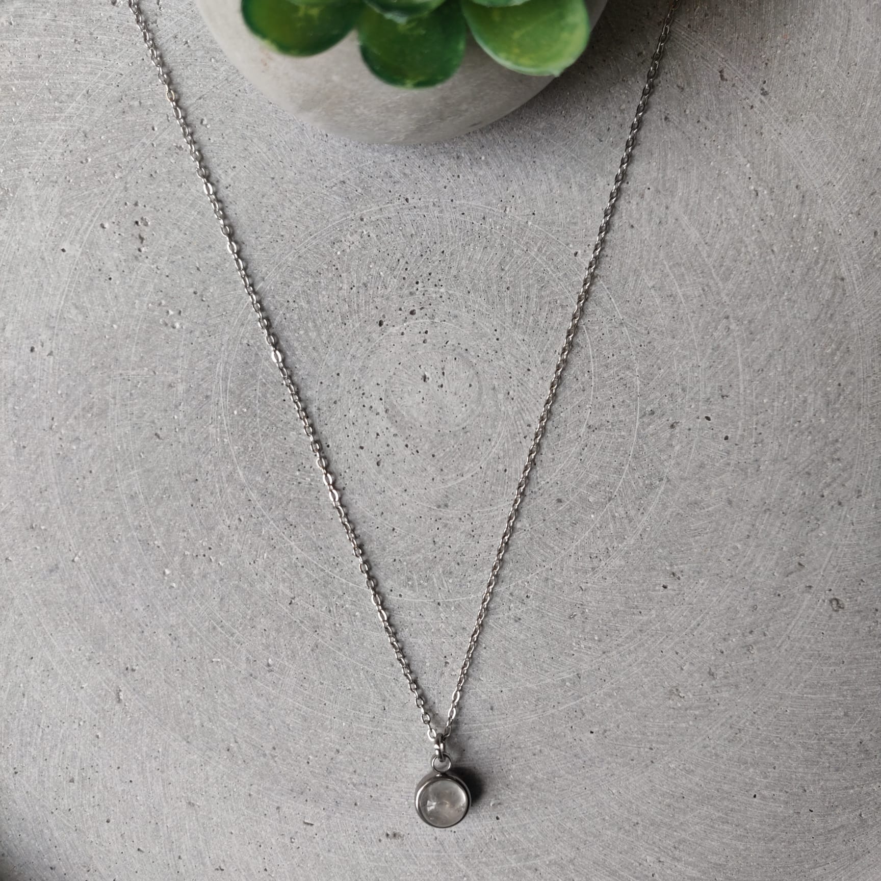 Circular Clear Quartz Drop Necklace on Stainless Steel Box Chain