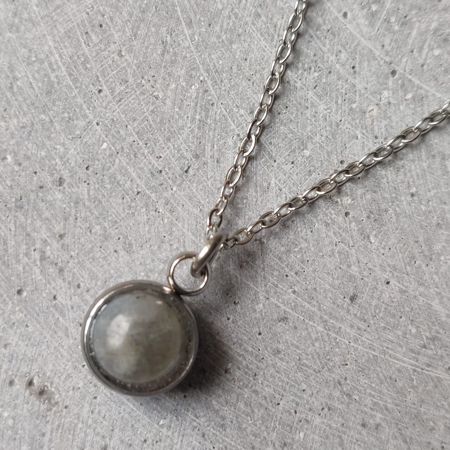 Circular Labradorite Drop Necklace on Stainless Steel Box Chain