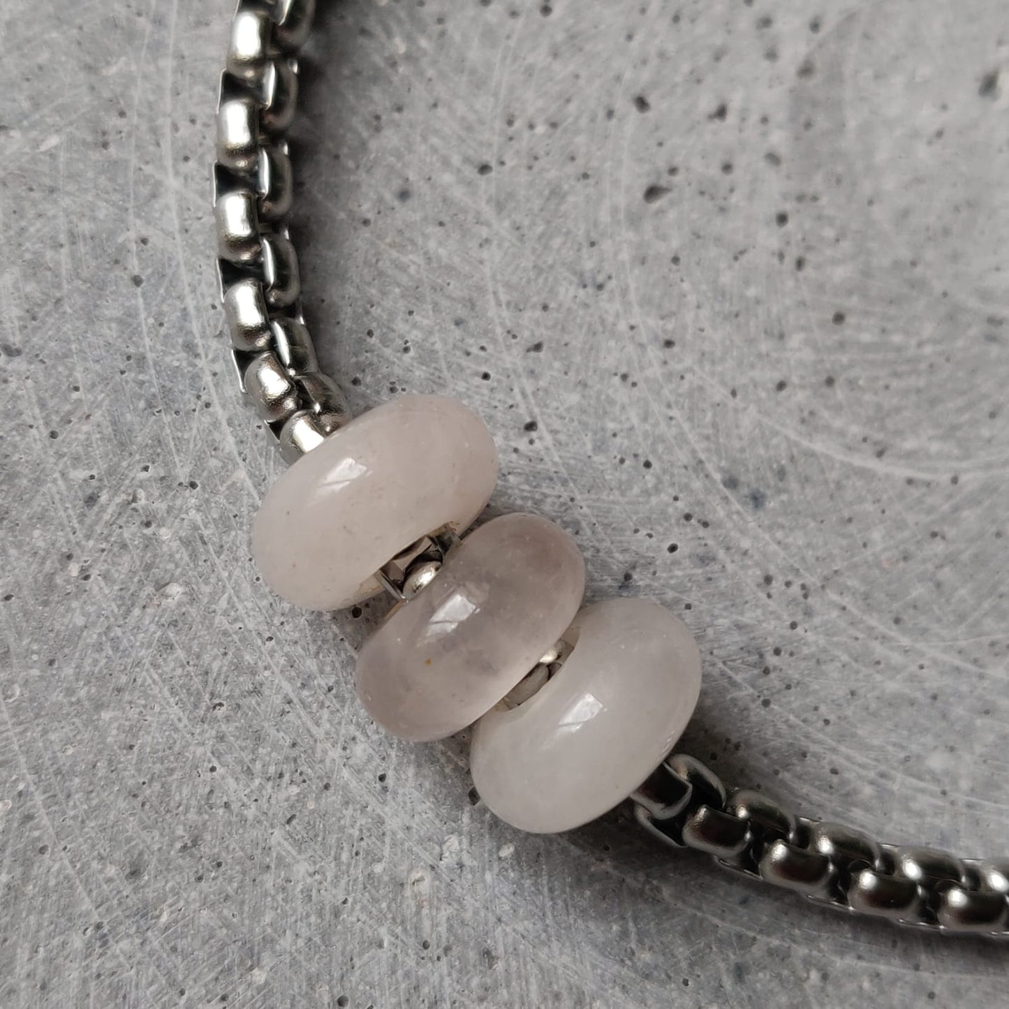 Rose Quartz Donut on Box Chain Stainless Steel Bracelet