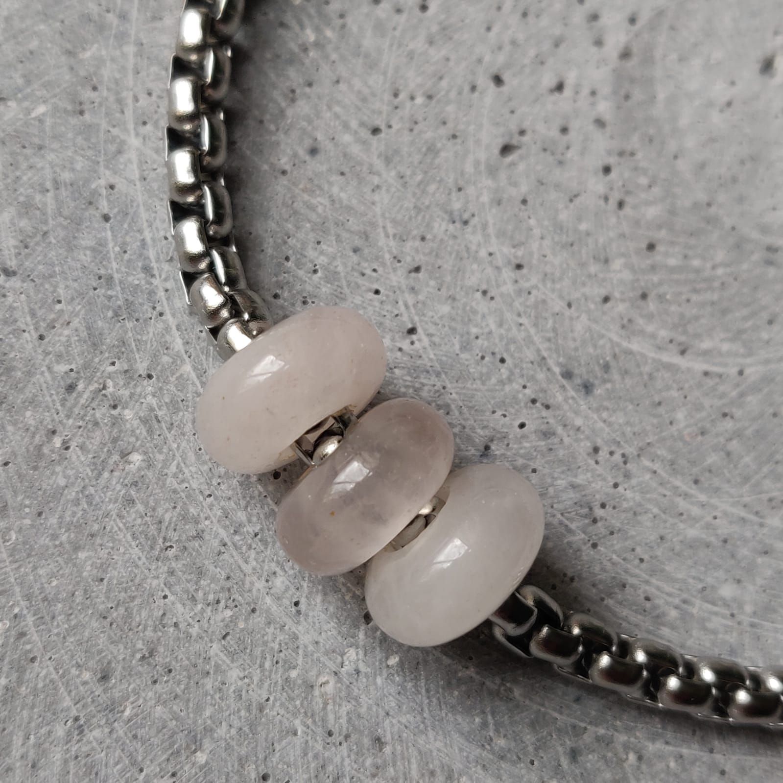 Rose Quartz Donut on Box Chain Stainless Steel Bracelet