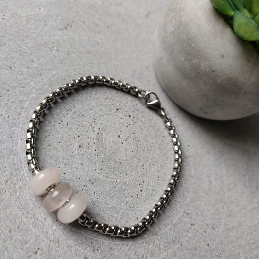 Rose Quartz Donut on Box Chain Stainless Steel Bracelet