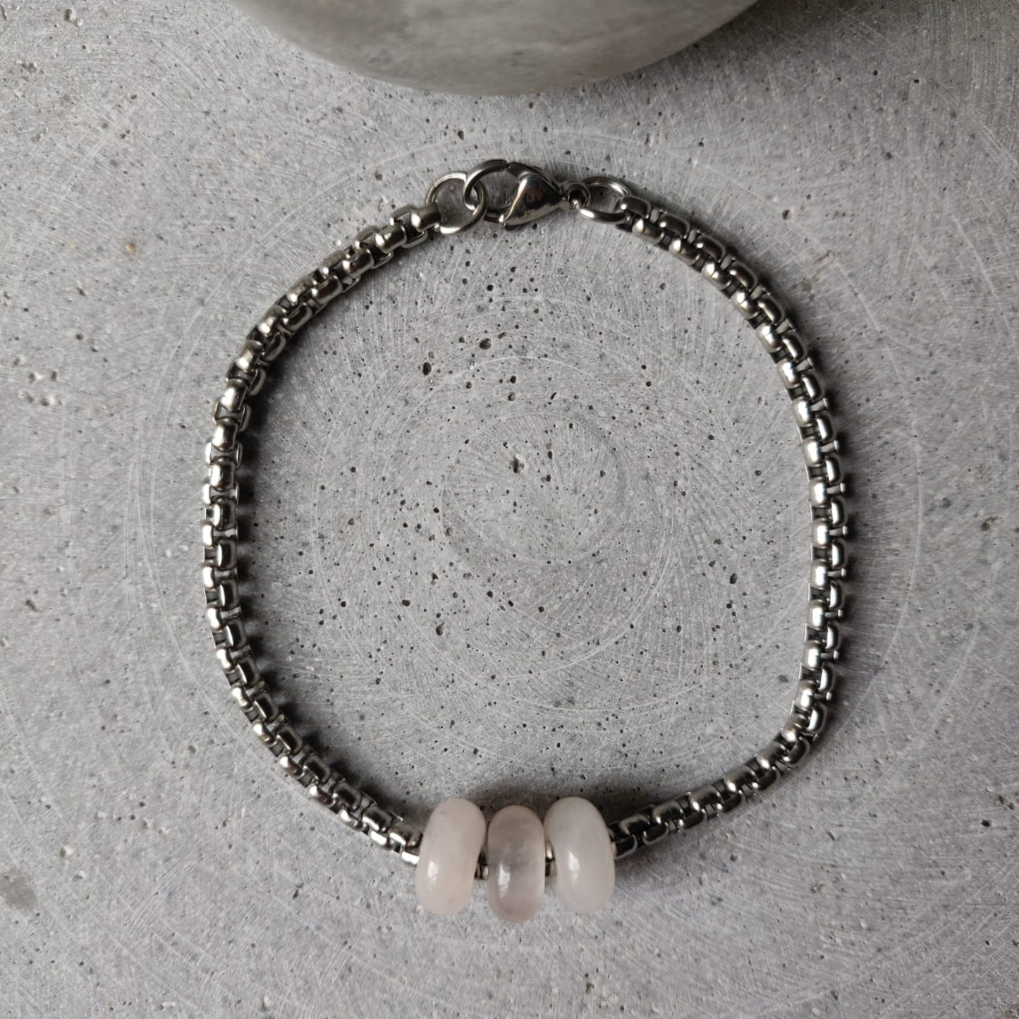 Rose Quartz Donut on Box Chain Stainless Steel Bracelet