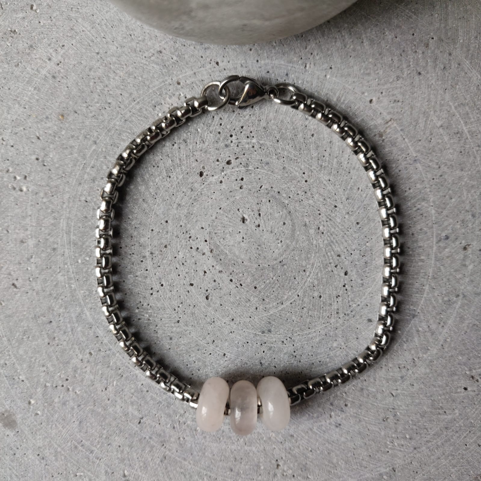 Rose Quartz Donut on Box Chain Stainless Steel Bracelet