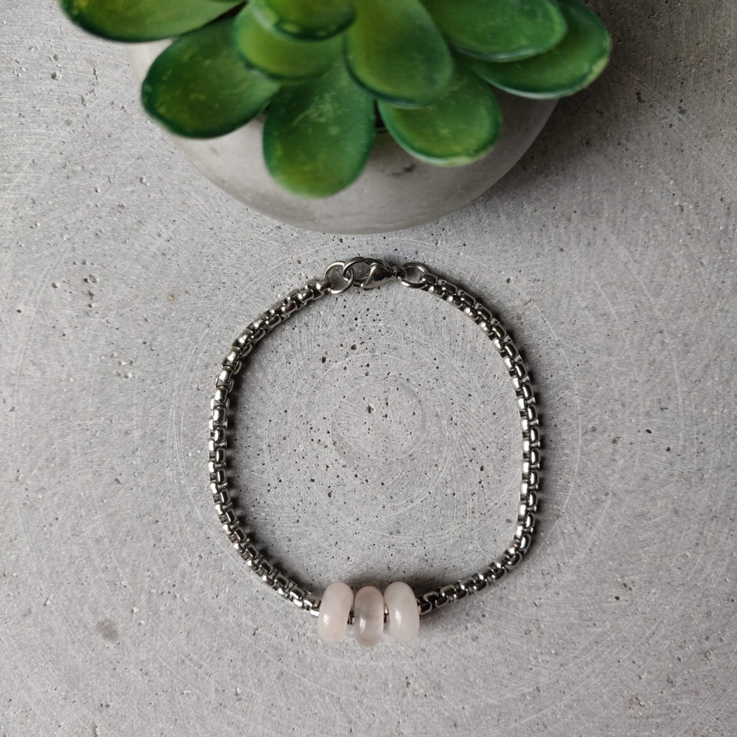 Rose Quartz Donut on Box Chain Stainless Steel Bracelet