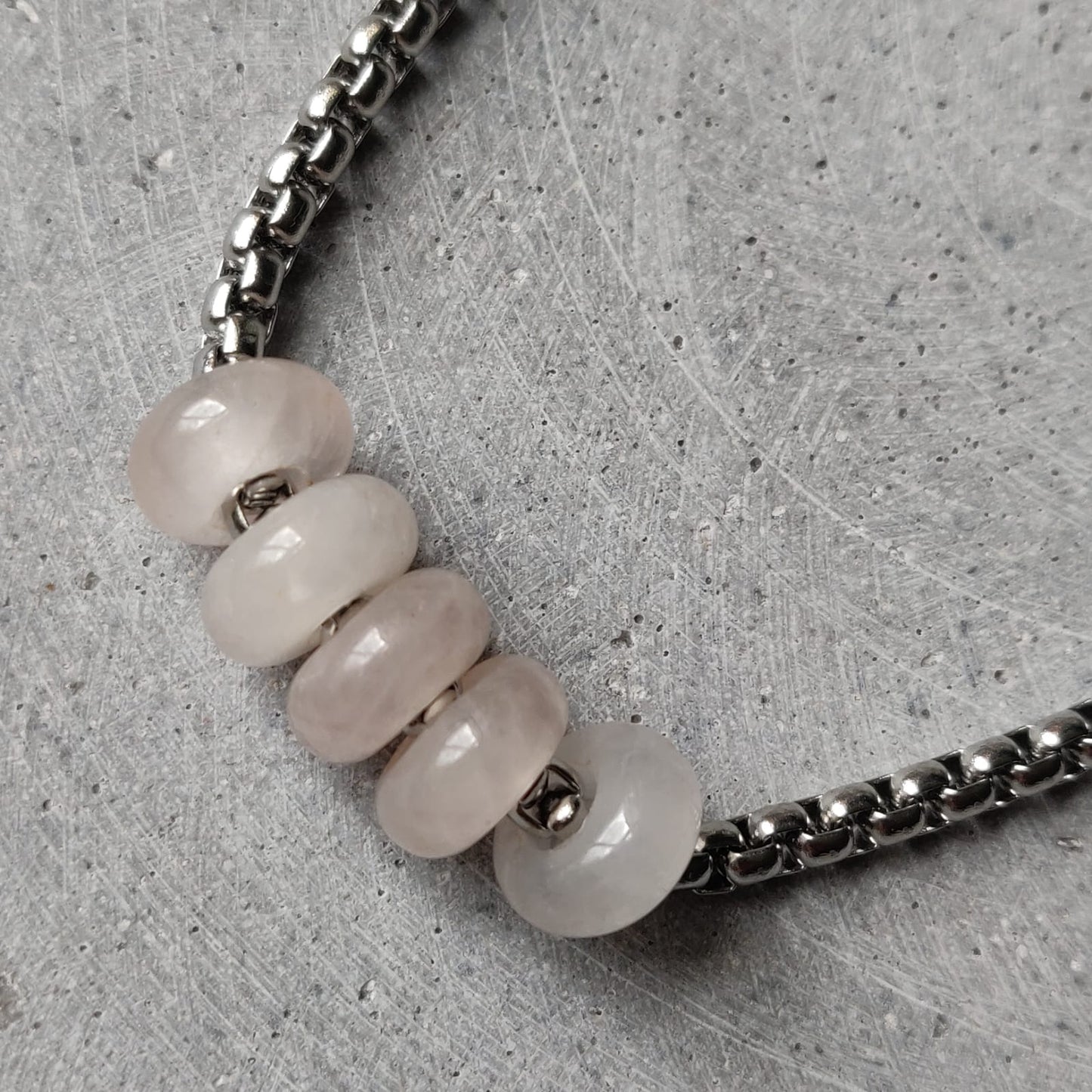 Rose Quartz Donut on Box Chain Stainless Steel Necklace