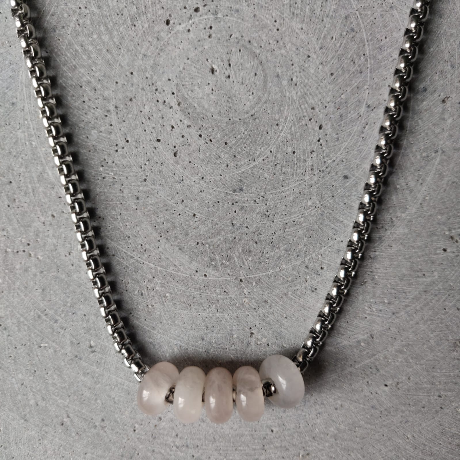 Rose Quartz Donut on Box Chain Stainless Steel Necklace
