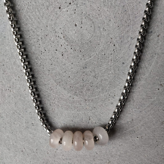 Rose Quartz Donut on Box Chain Stainless Steel Necklace