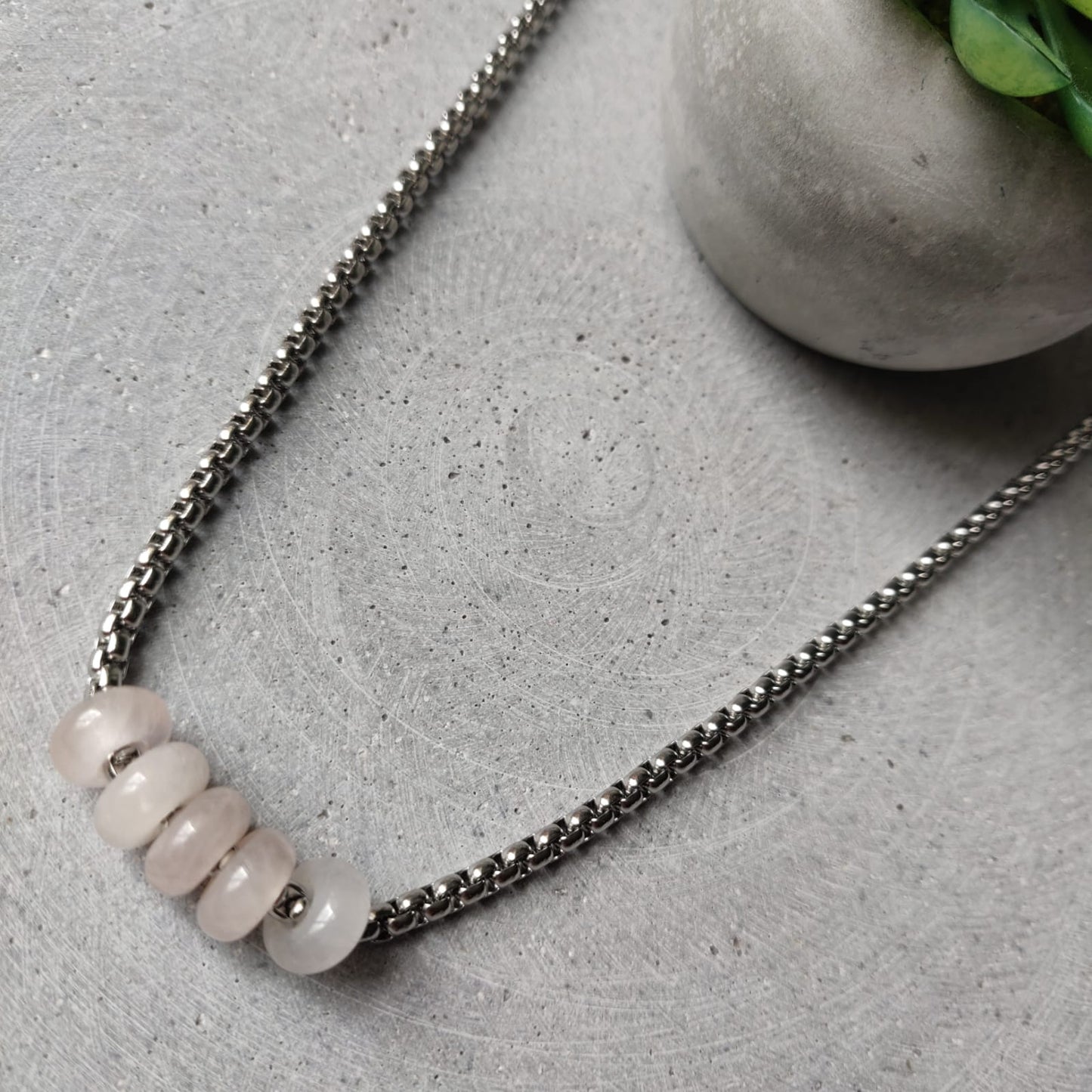 Rose Quartz Donut on Box Chain Stainless Steel Necklace