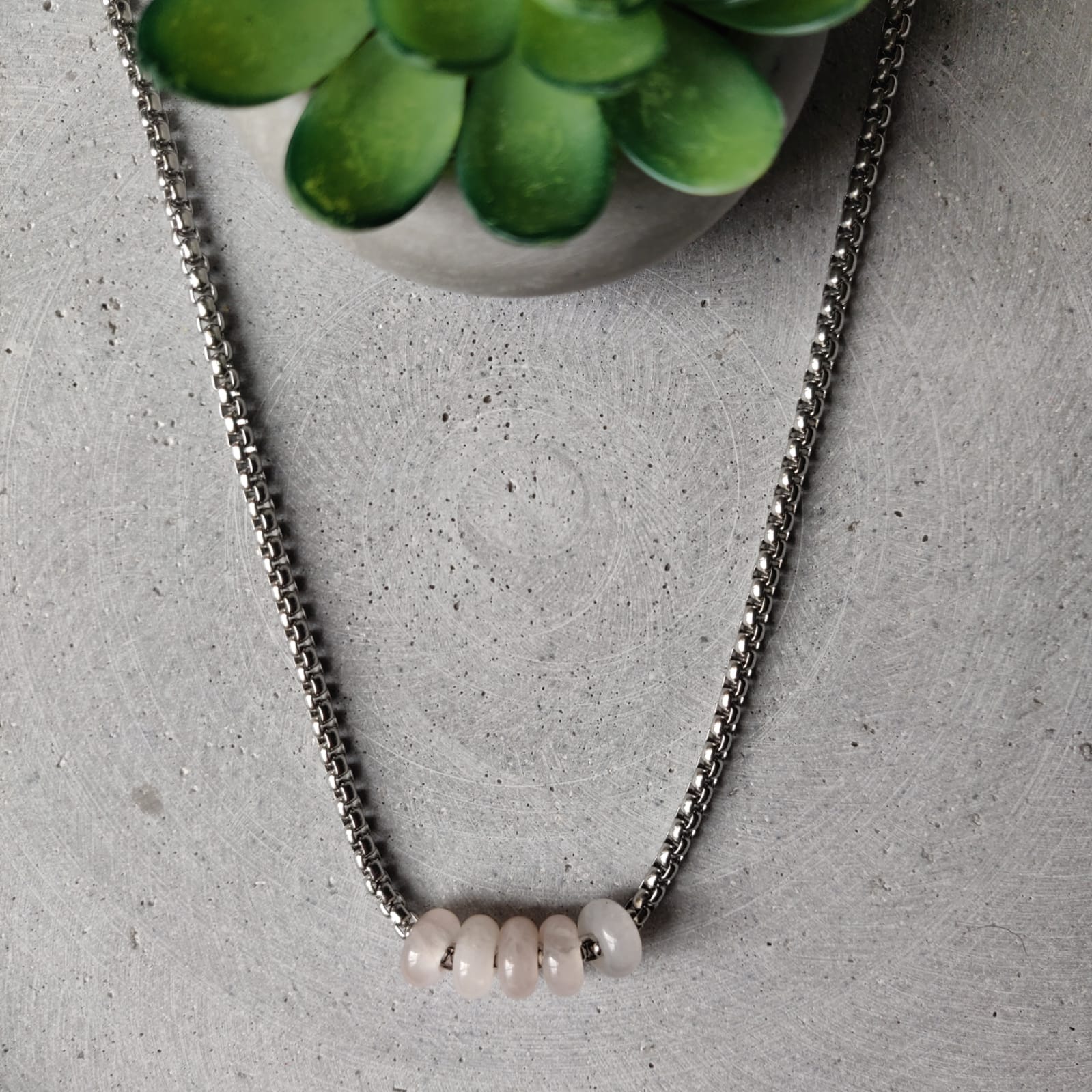 Rose Quartz Donut on Box Chain Stainless Steel Necklace