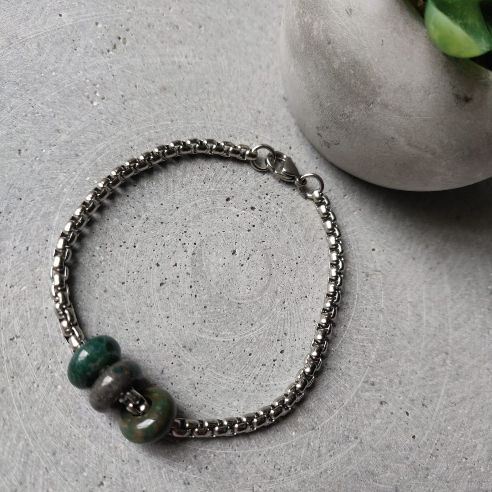 Indian Agate Donut on Stainless Steel Bracelet
