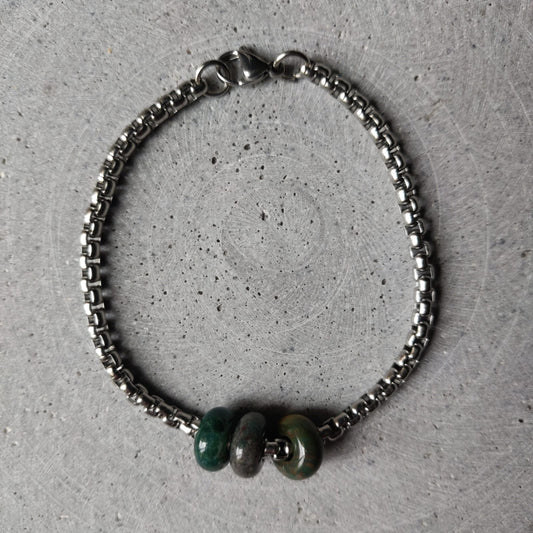 Indian Agate Donut on Box Chain Stainless Steel Bracelet