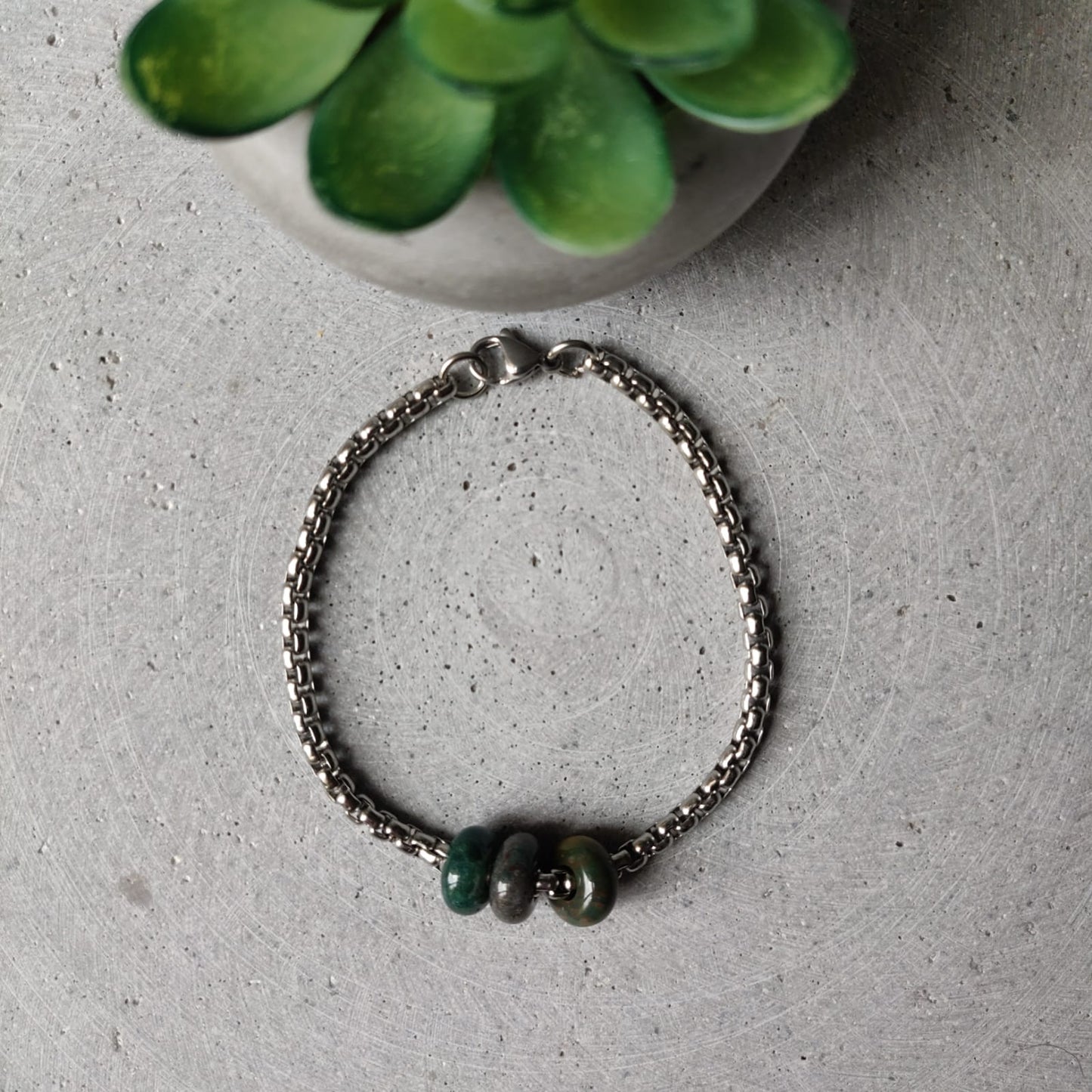Indian Agate Donut on Box Chain Stainless Steel Bracelet