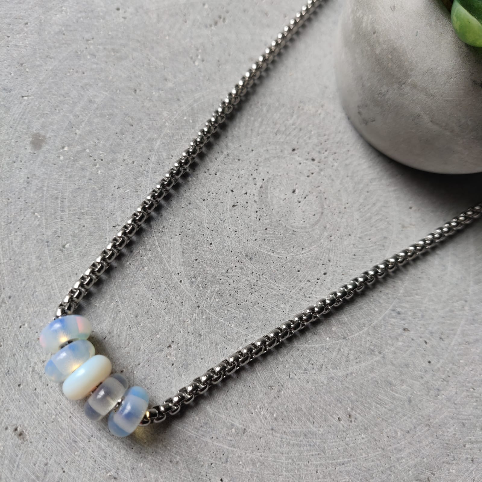 Opalite Donut on Box Chain Stainless Steel Necklace
