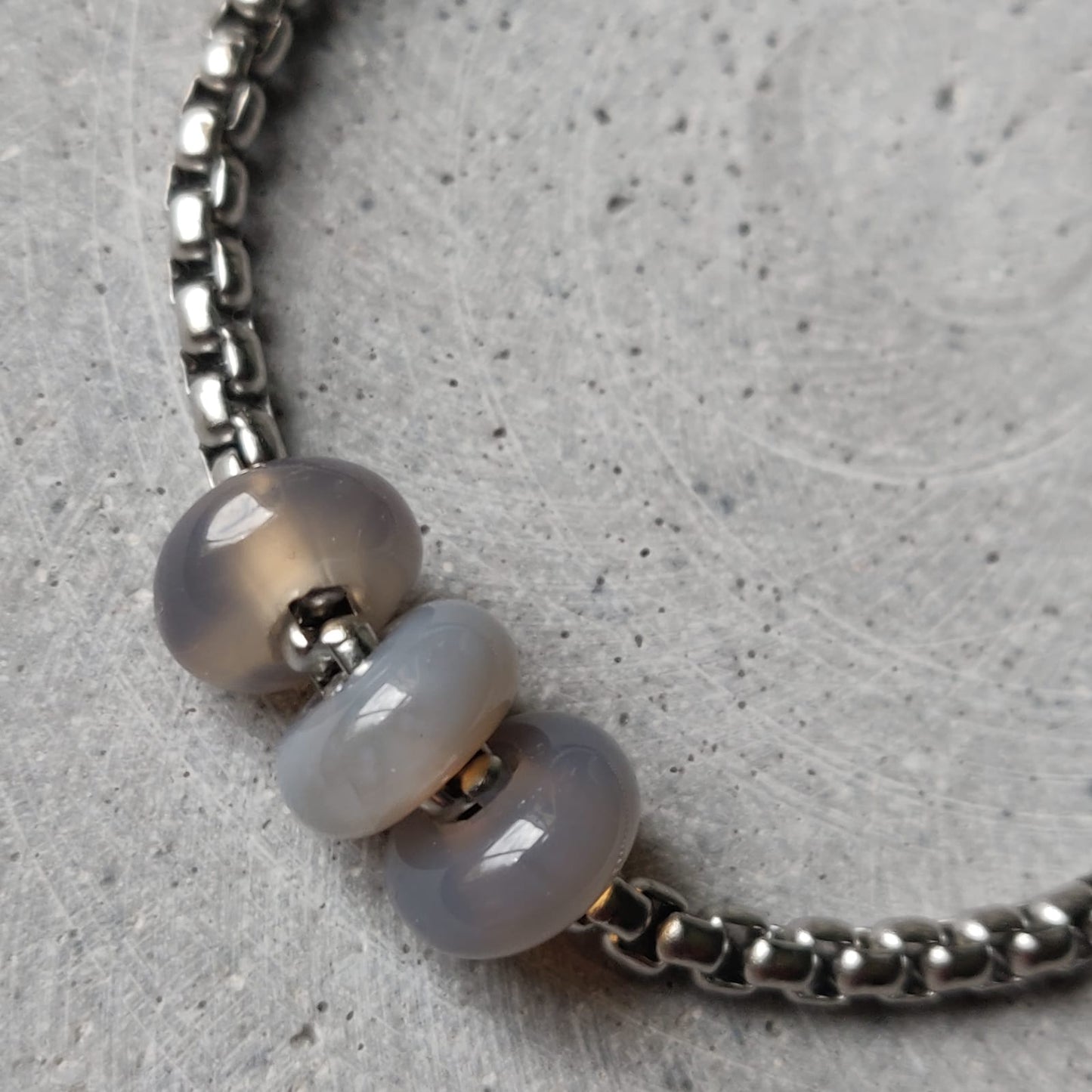 Grey Agate Donut on Box Chain Stainless Steel Bracelet