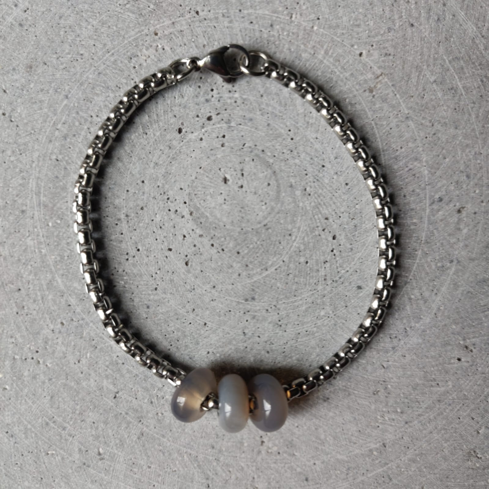 Grey Agate Donut on Box Chain Stainless Steel Bracelet