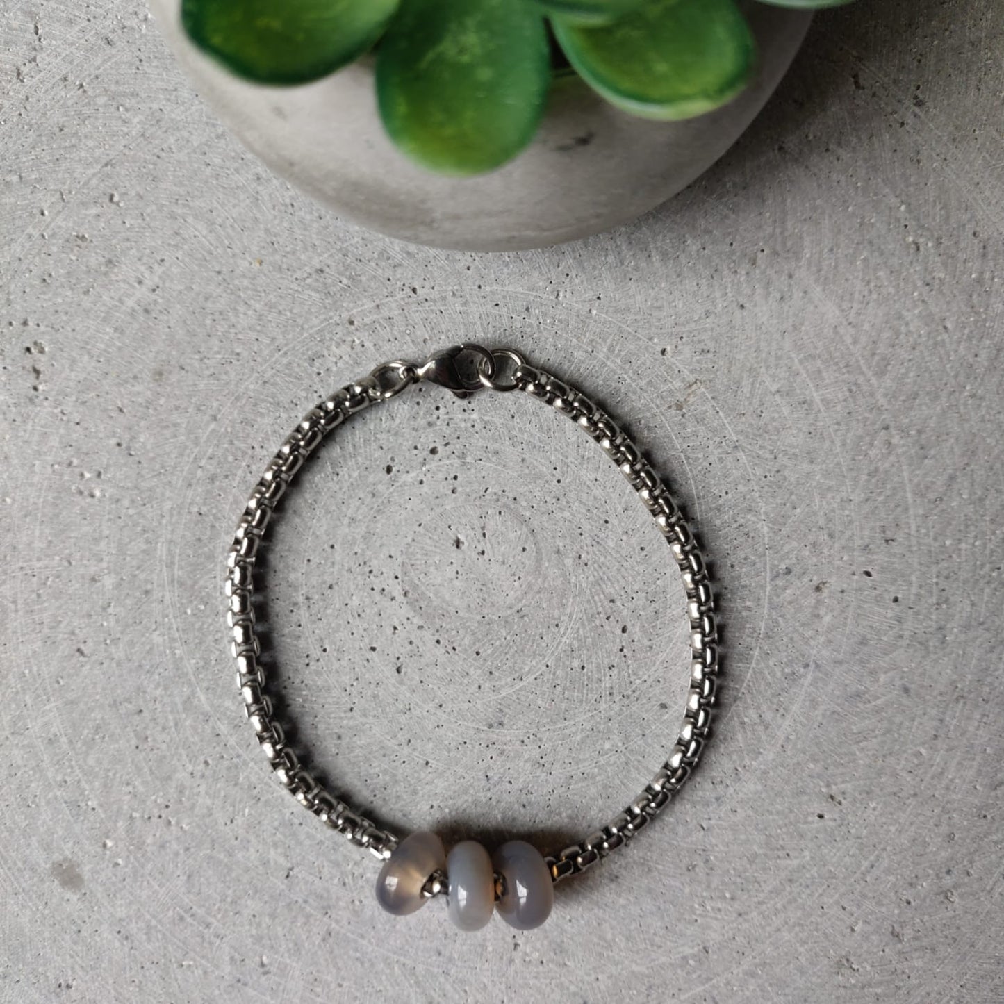 Grey Agate Donut on Box Chain Stainless Steel Bracelet