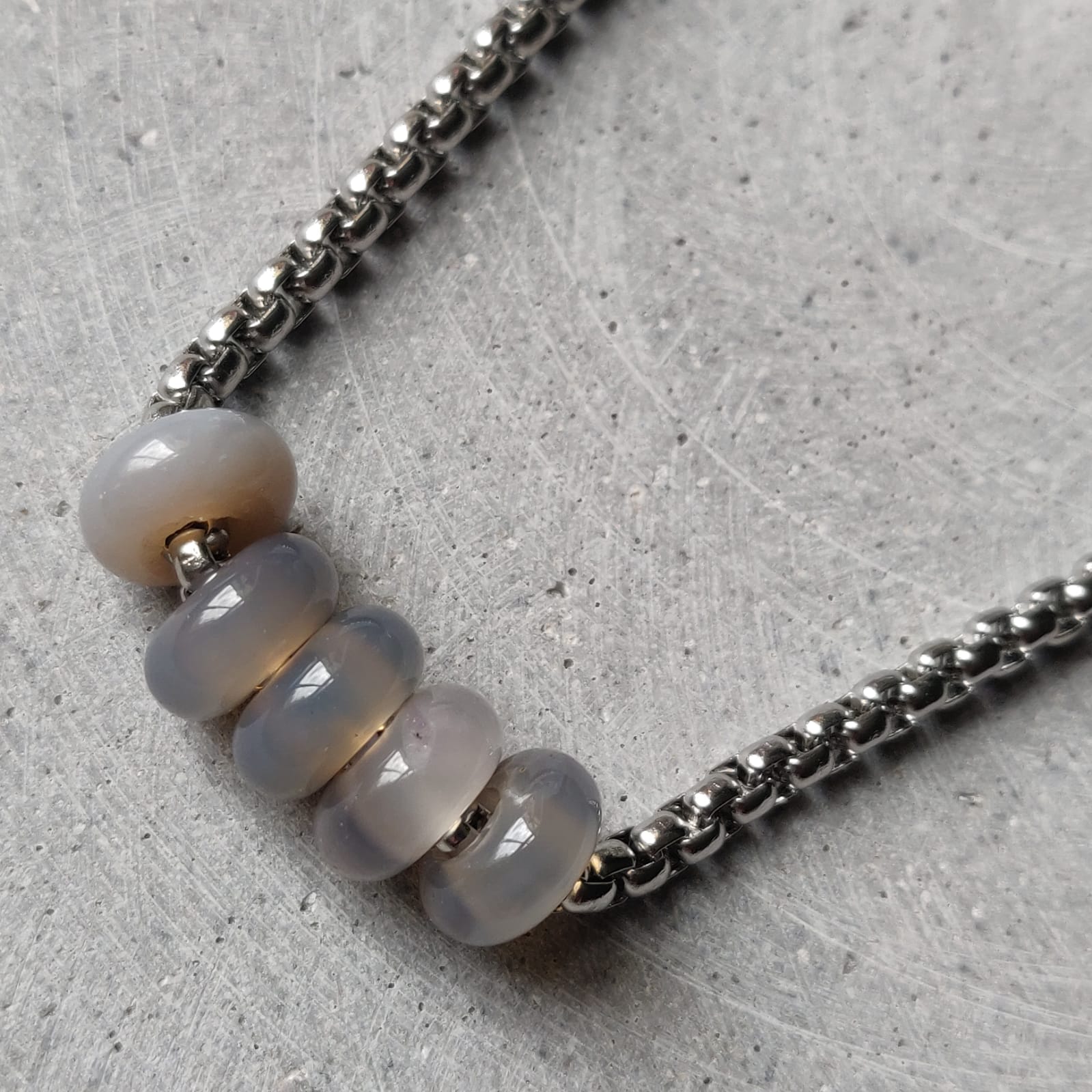 Grey Agate Donuts on Box Chain Stainless Steel Necklace