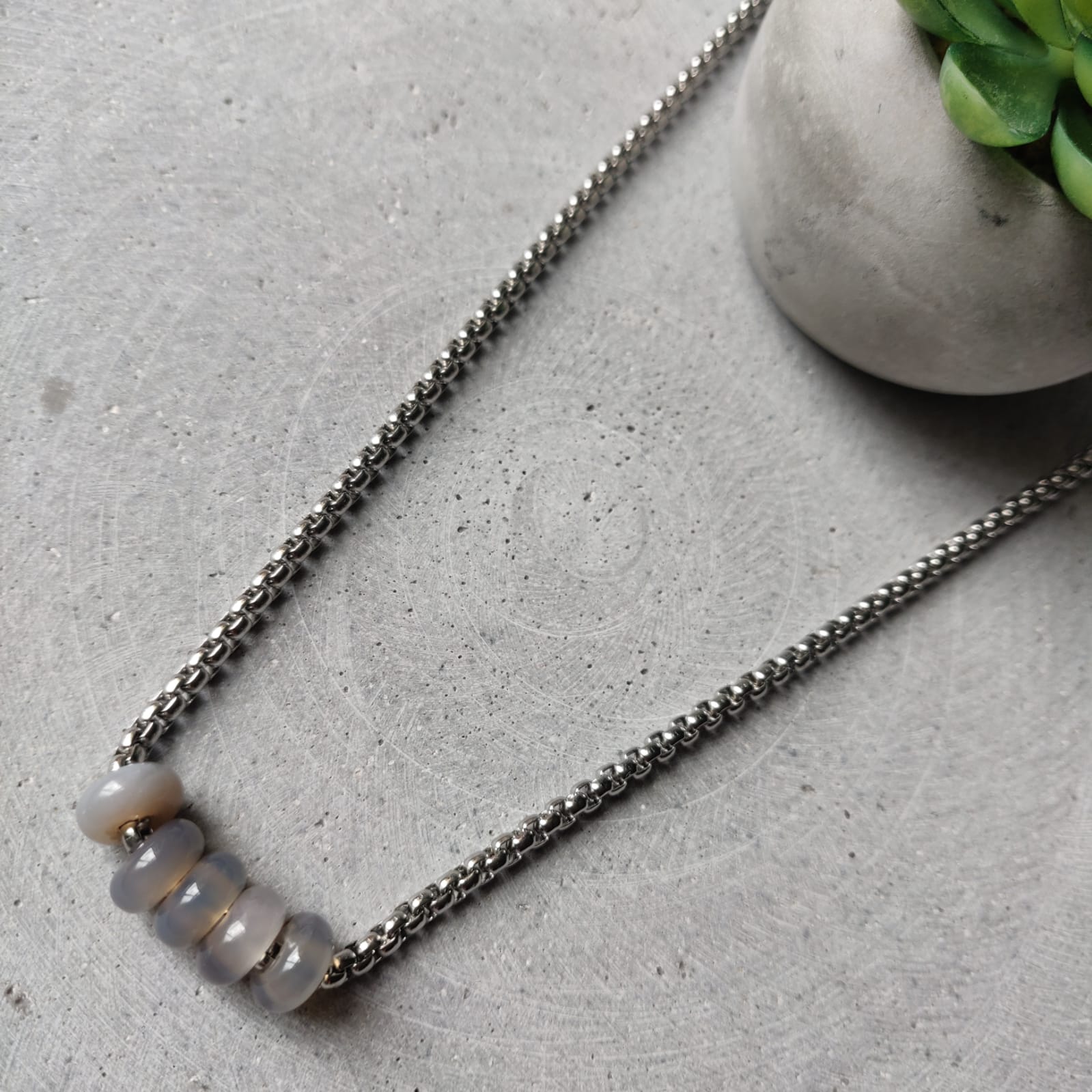 Grey Agate Donuts on Box Chain Stainless Steel Necklace