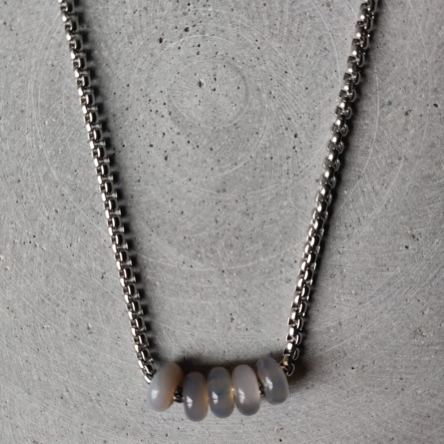 Grey Agate Donuts on Box Chain Stainless Steel Necklace
