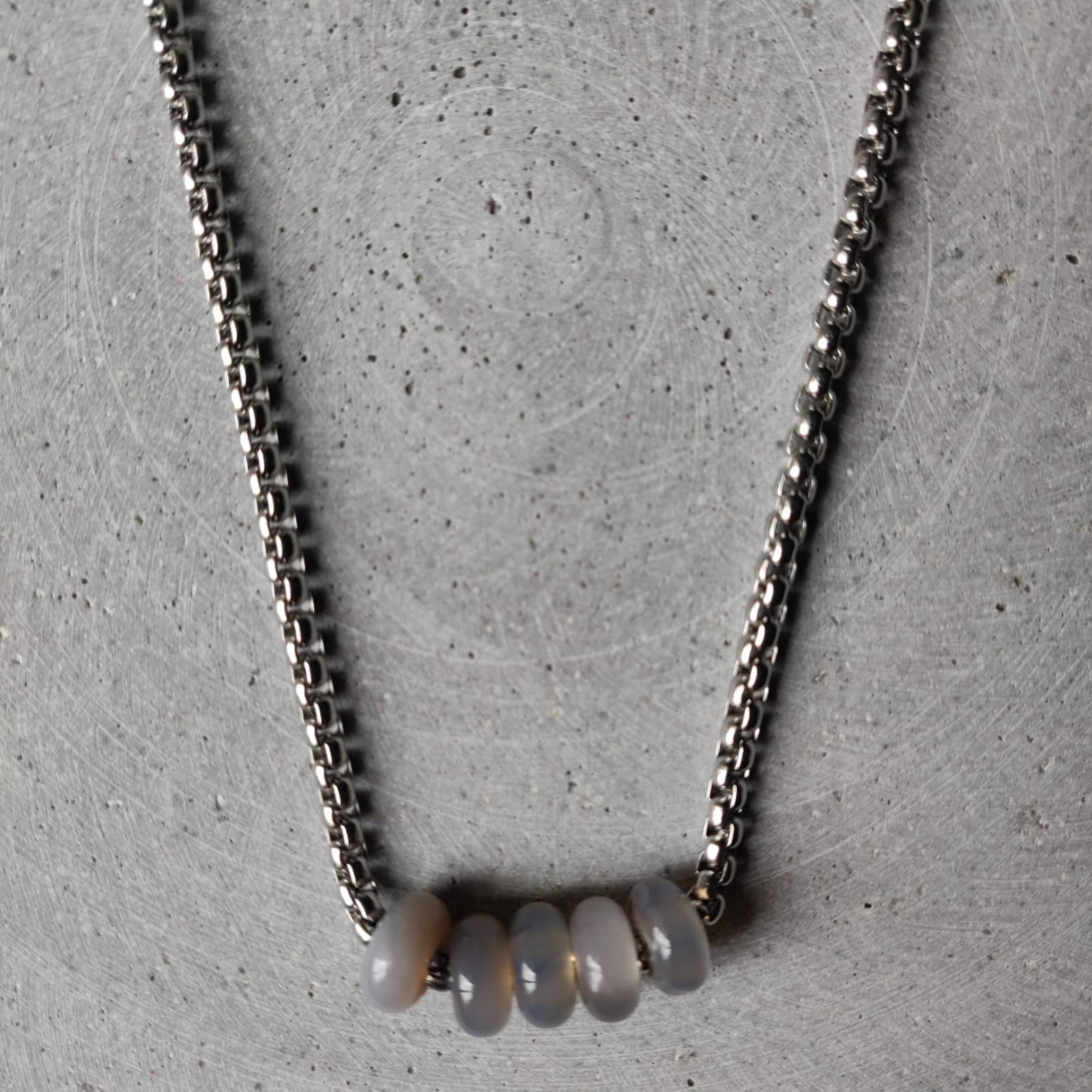 Grey Agate Donuts on Box Chain Stainless Steel Necklace