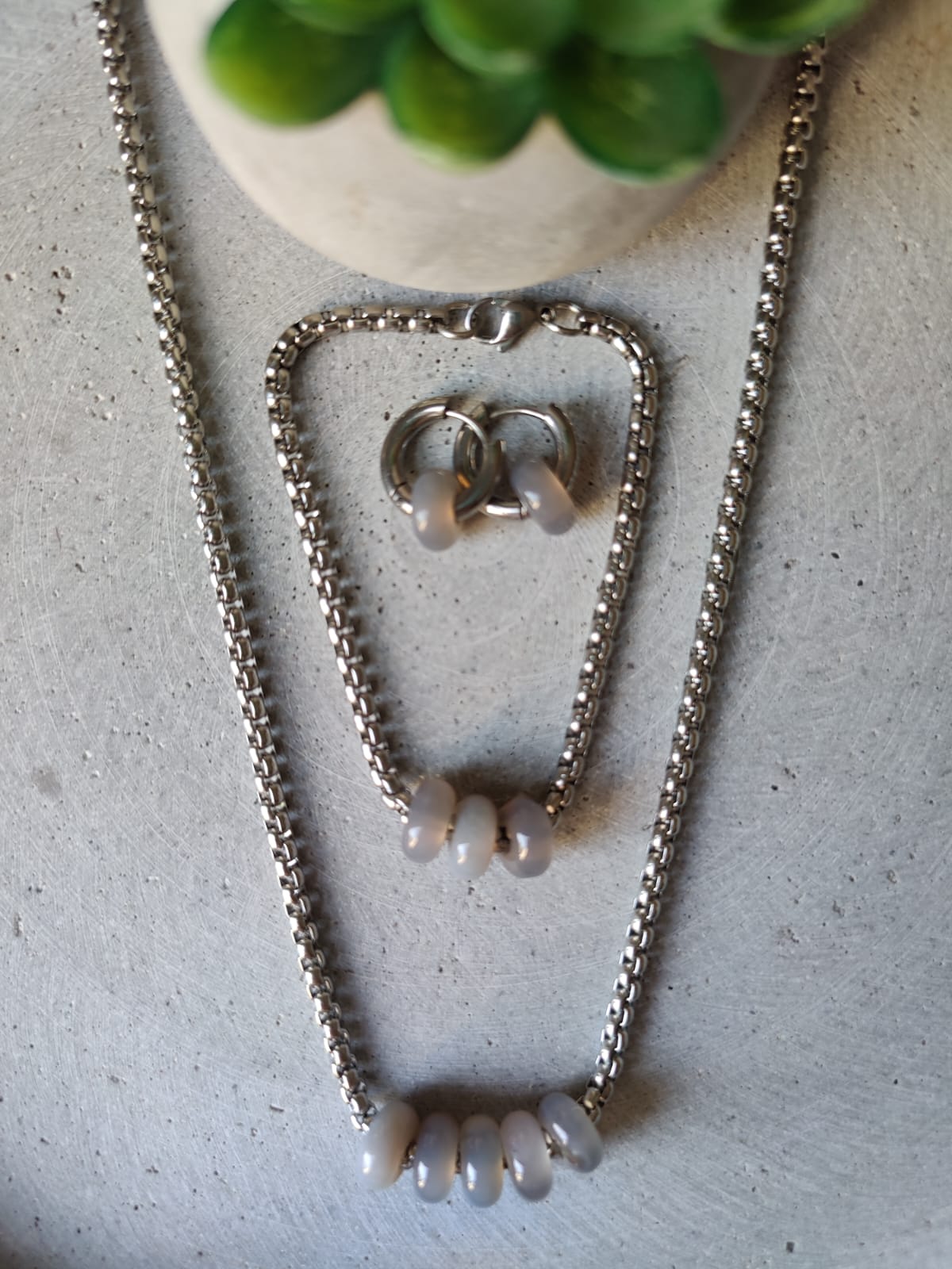 Grey Agate Donut Set Of Bracelet and Necklace on Box Chain Stainless Steel With Matching Huggie Hoop Earrings