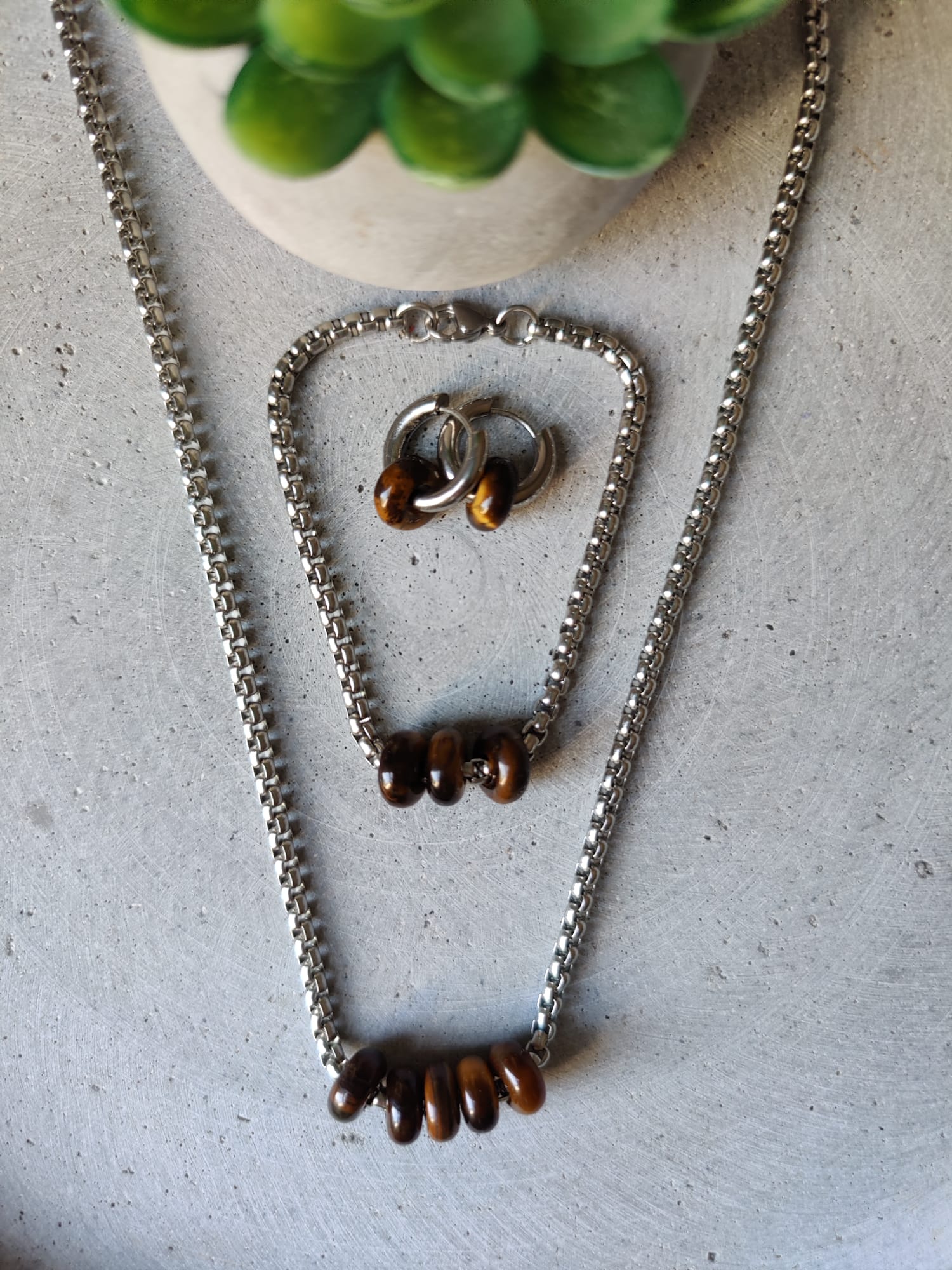 Tiger Eye Donut Set With Bracelet and Necklace on Stainless Steel Box Chain With Matching Huggie Hoop Earrings