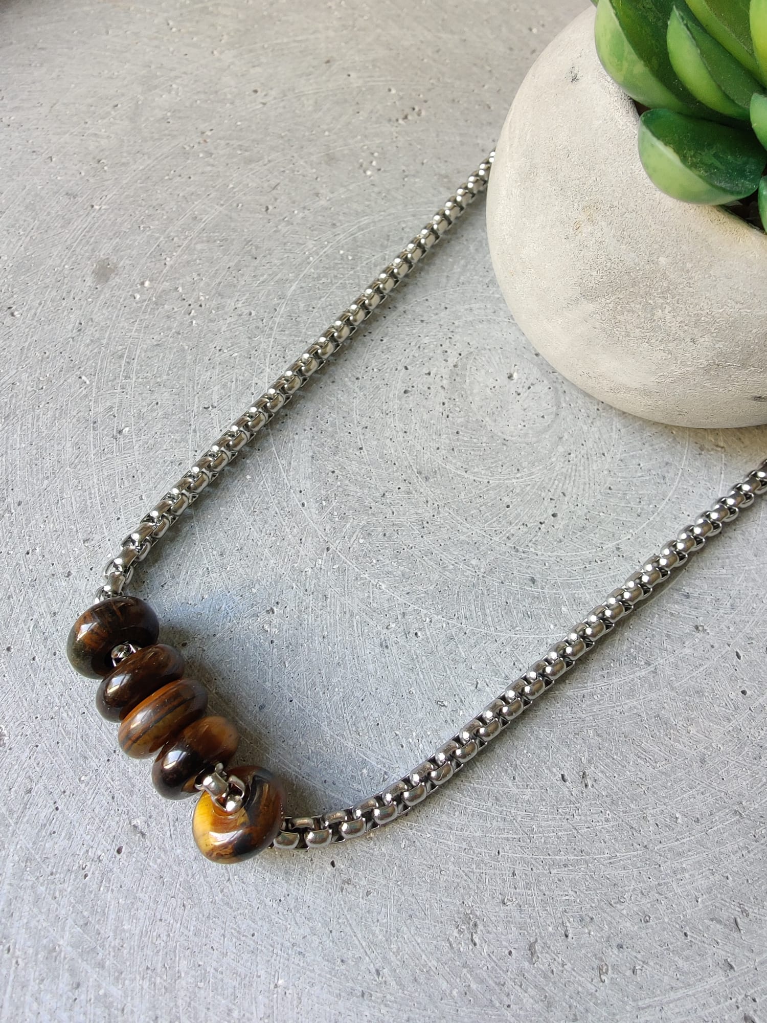 Tiger Eye Donuts on Box Chain Stainless Steel Necklace