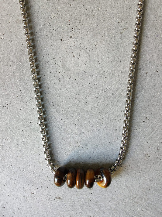 Tiger Eye Donuts on Box Chain Stainless Steel Necklace