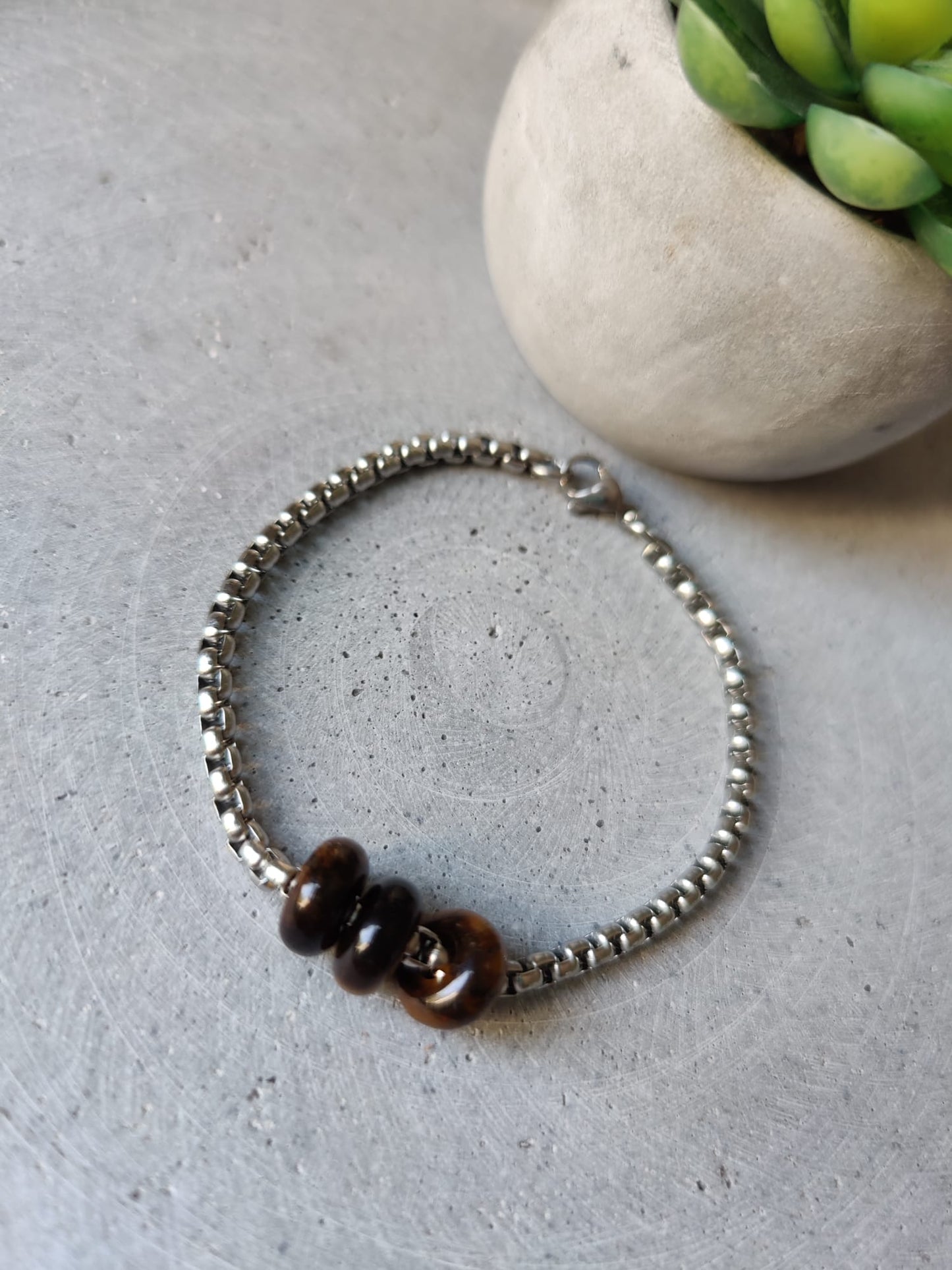 Tiger Eye Donuts on Box Chain Stainless Steel Bracelet
