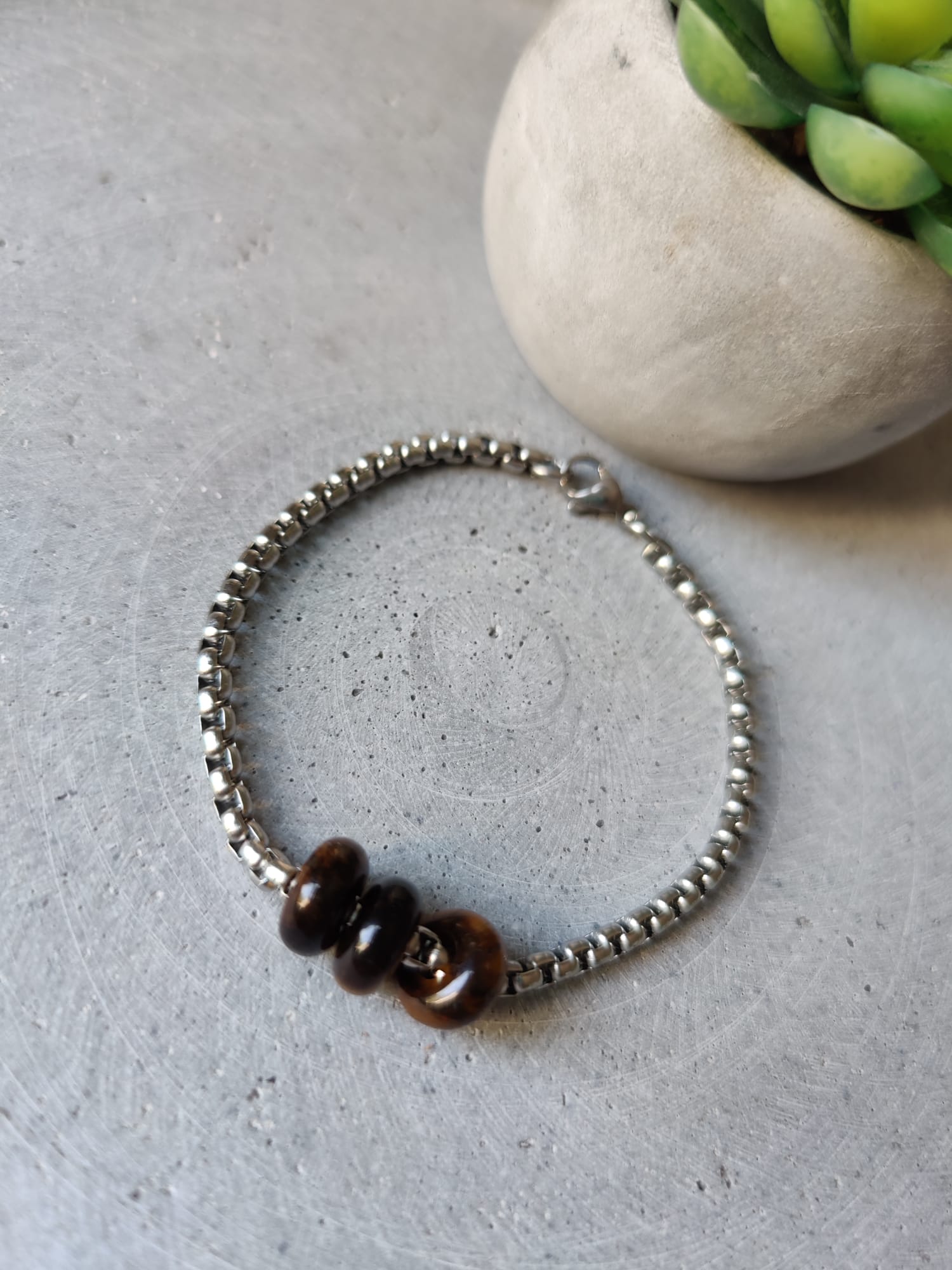 Tiger Eye Donuts on Box Chain Stainless Steel Bracelet