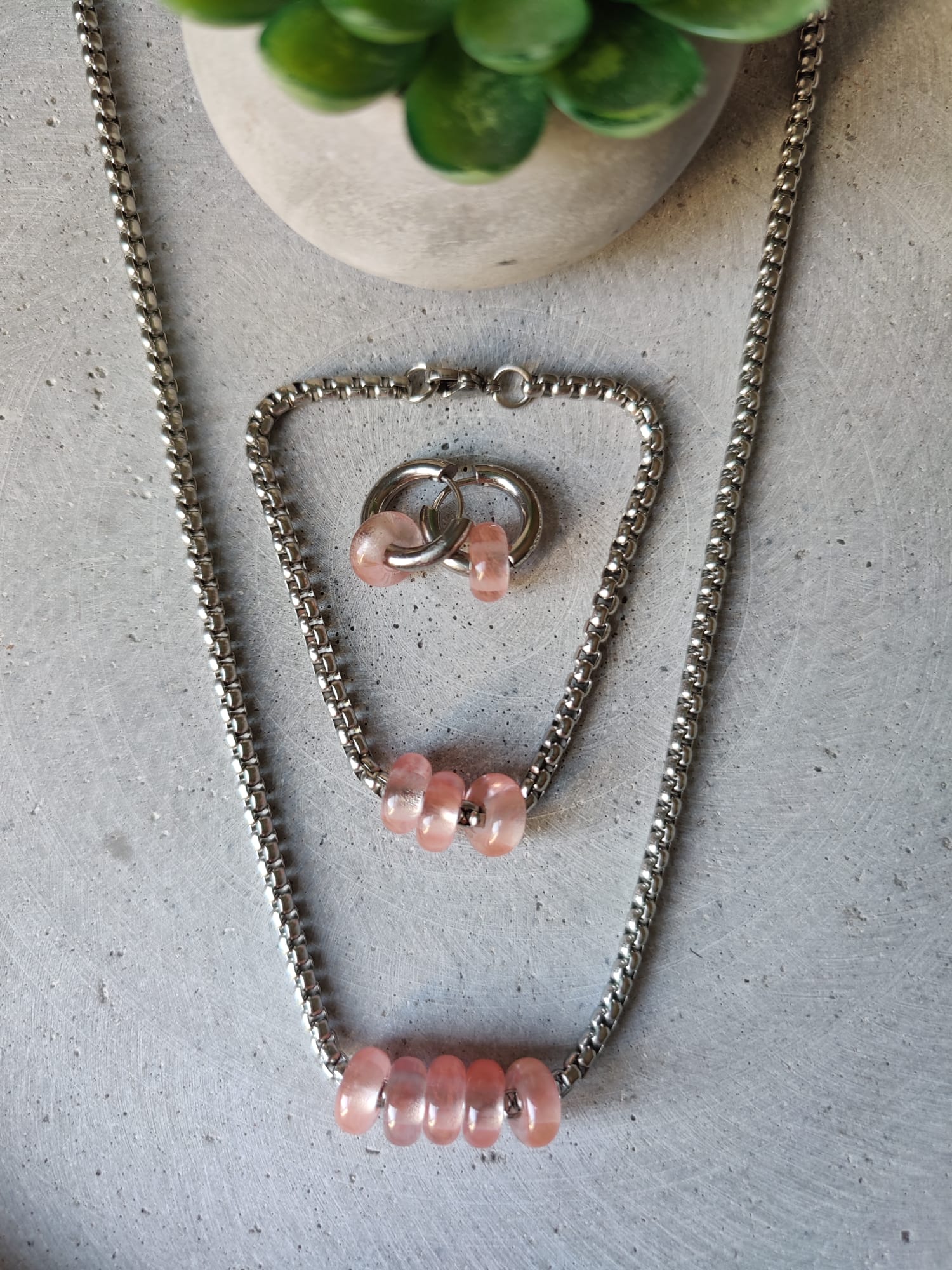 Cherry Quartz Donuts Set With Bracelet and Necklace on Box Chain Stainless Steel  with Matching Huggie Earrings