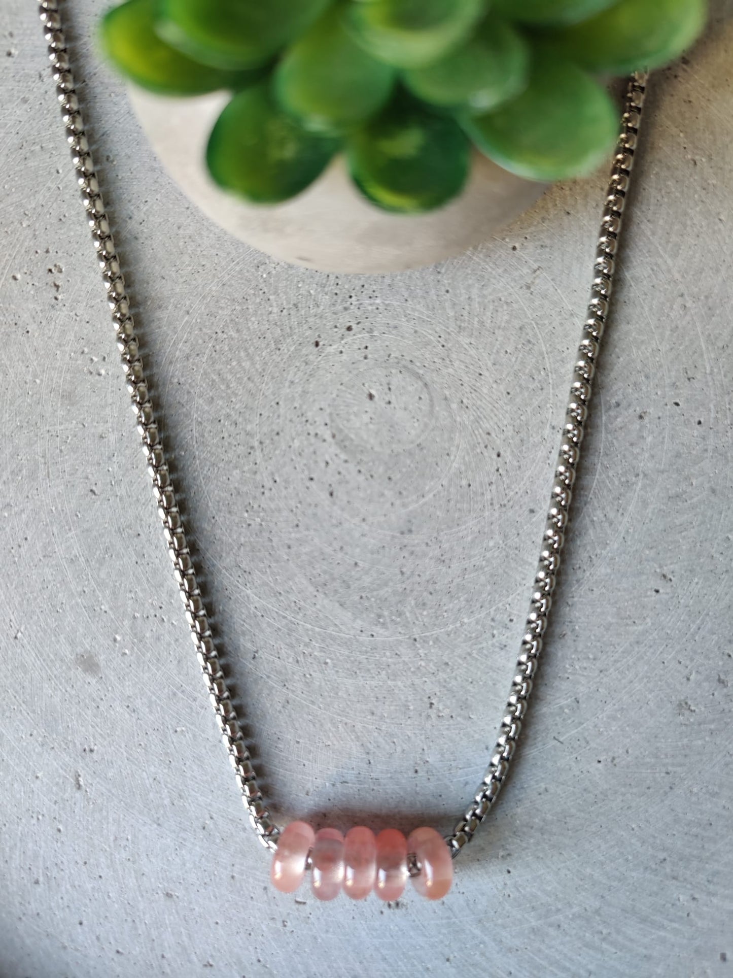 Cherry Quartz Donuts on Box Chain Stainless Steel Necklace