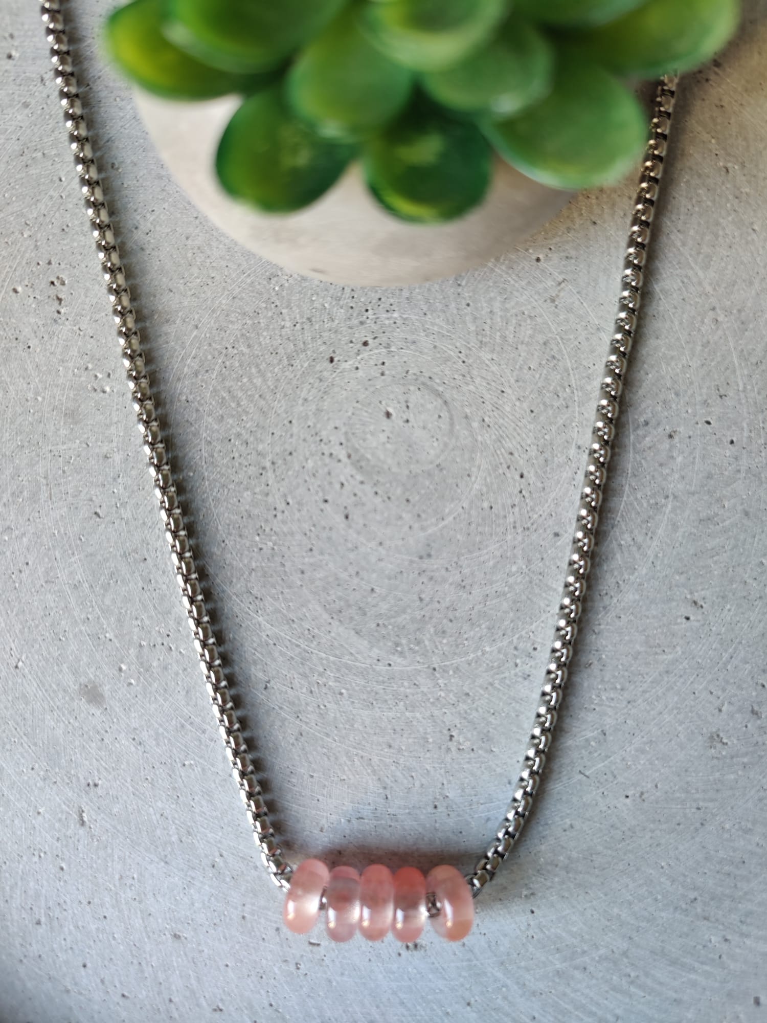Cherry Quartz Donuts on Box Chain Stainless Steel Necklace