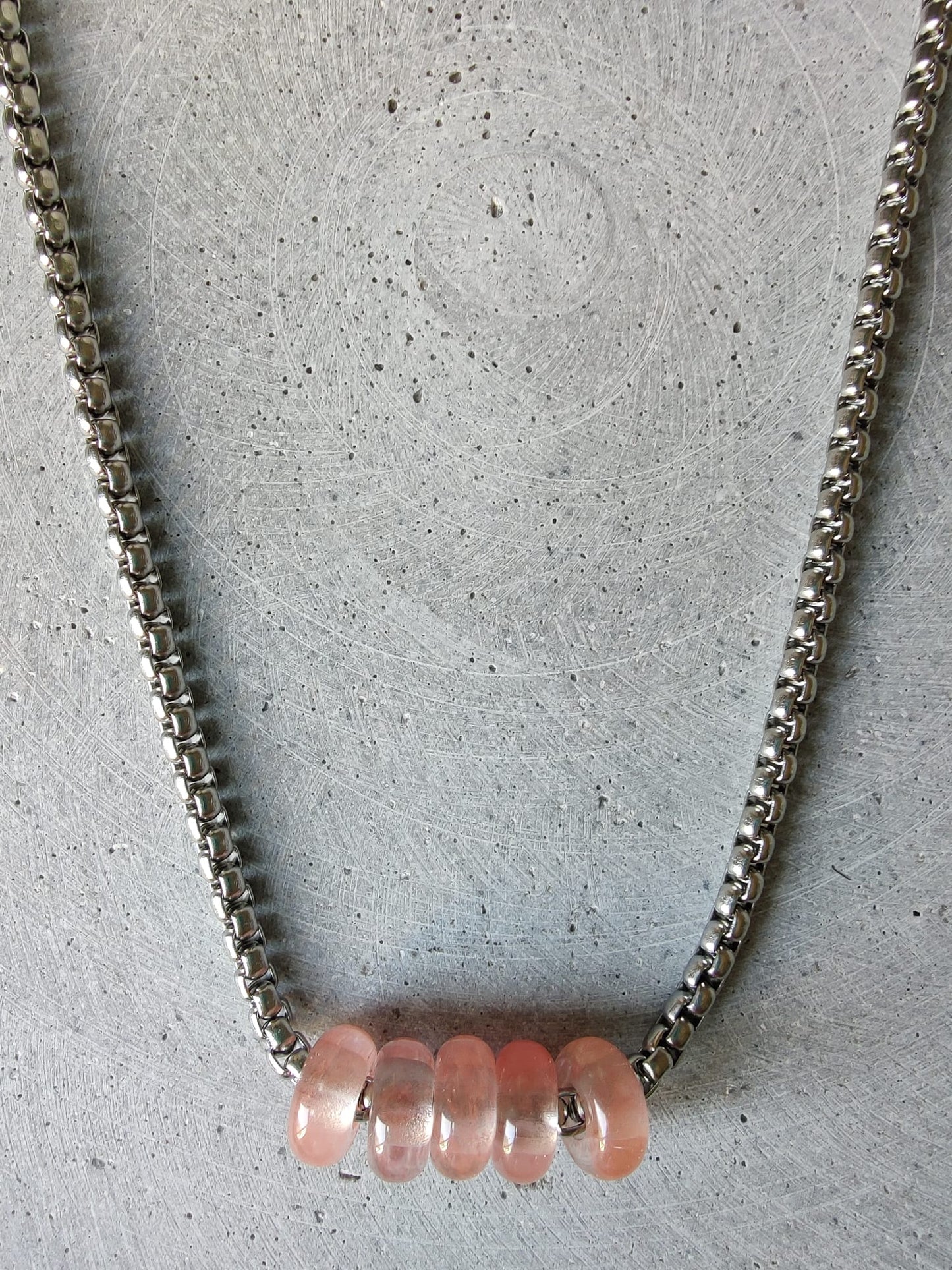 Cherry Quartz Donuts on Box Chain Stainless Steel Necklace