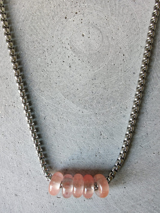 Cherry Quartz Donuts on Box Chain Stainless Steel Necklace