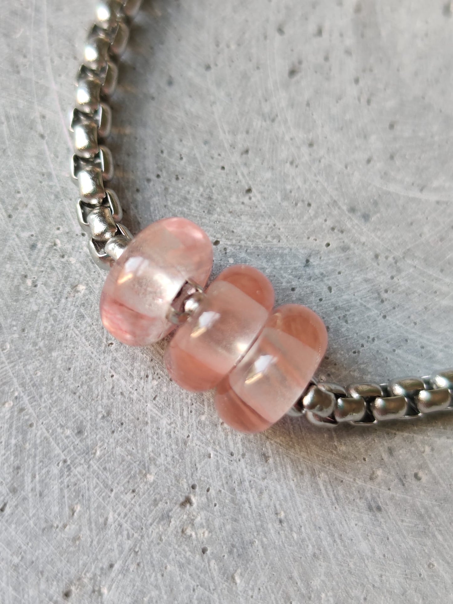 Cherry Quartz Donut on Box Chain Stainless Steel Bracelet