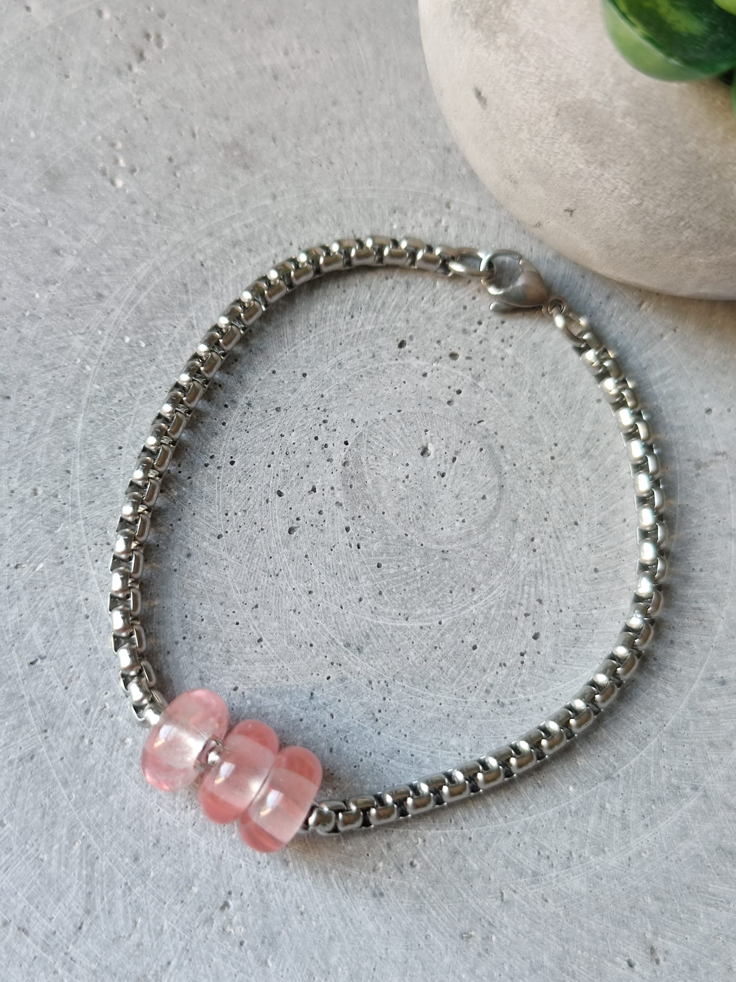 Cherry Quartz Donut on Box Chain Stainless Steel Bracelet