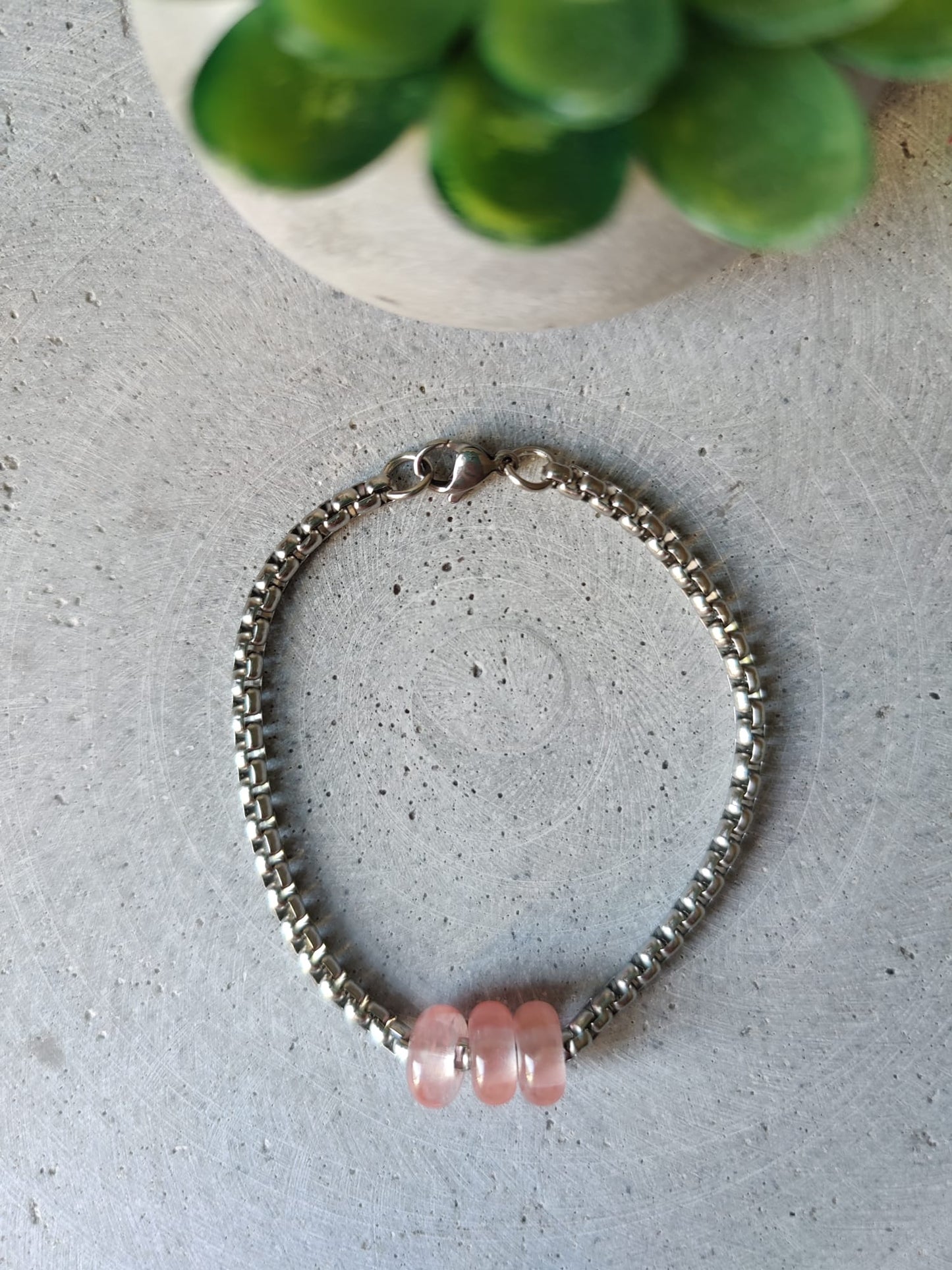 Cherry Quartz Donut on Box Chain Stainless Steel Bracelet