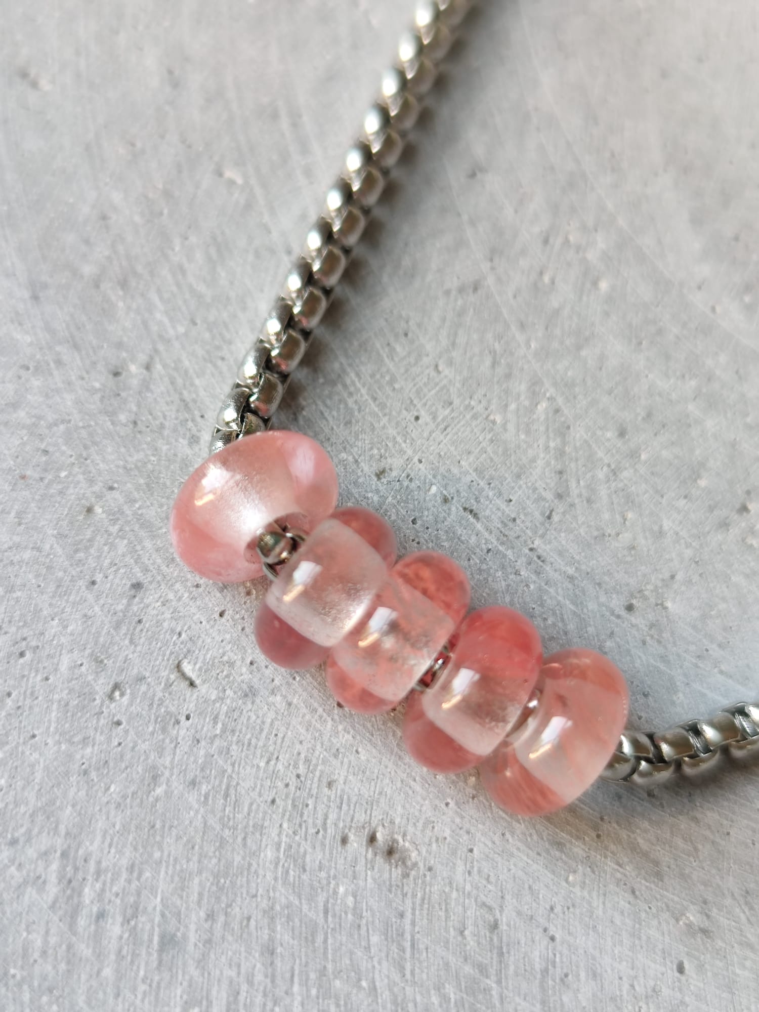 Cherry Quartz Donuts on Box Chain Stainless Steel Necklace
