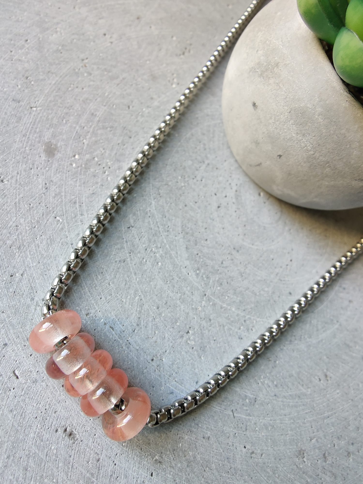 Cherry Quartz Donuts on Box Chain Stainless Steel Necklace