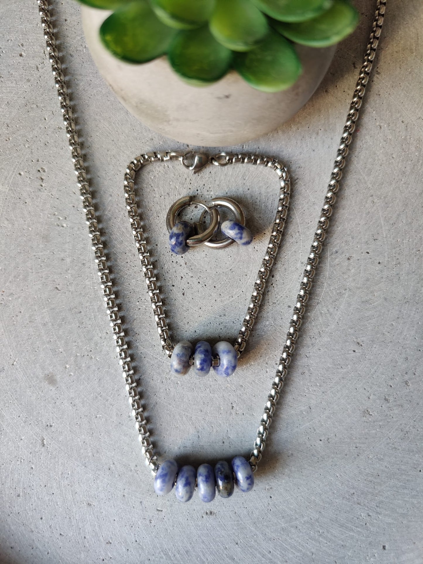 Blue Spot Jasper Donut Set including Box Chain Stainless Steel Necklace and Bracelet plus Huggie Earrings