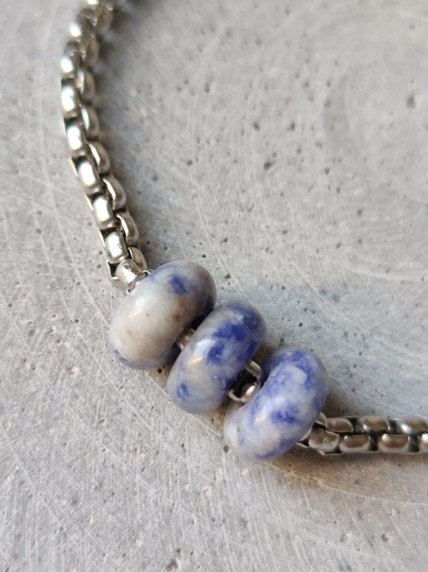 Blue Spot Jasper Donut on Box Chain Stainless Steel Bracelet