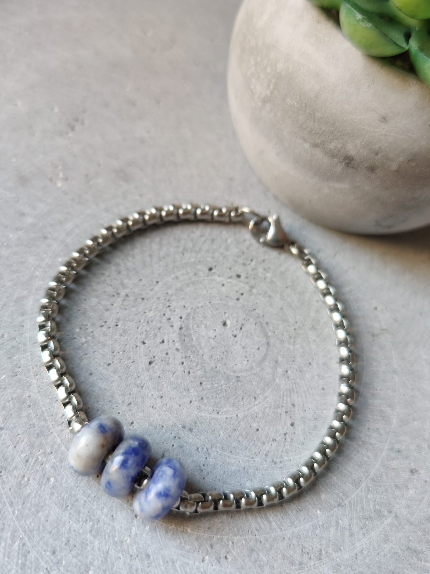 Blue Spot Jasper Donut on Box Chain Stainless Steel Bracelet