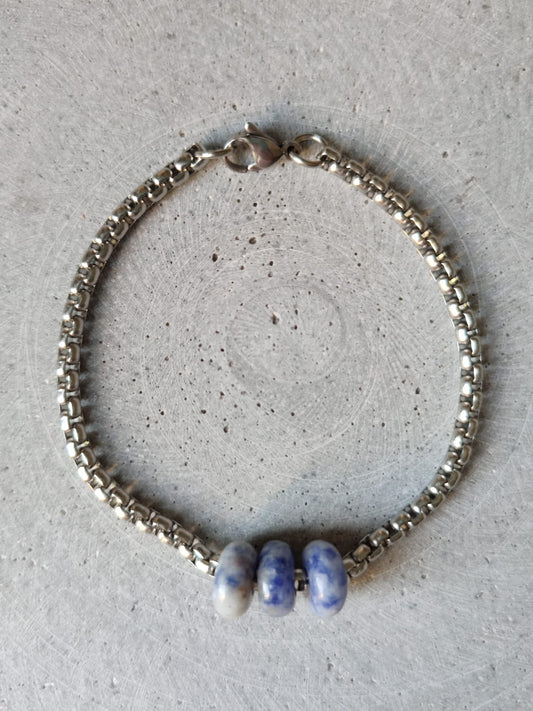 Blue Spot Jasper Donut on Box Chain Stainless Steel Bracelet