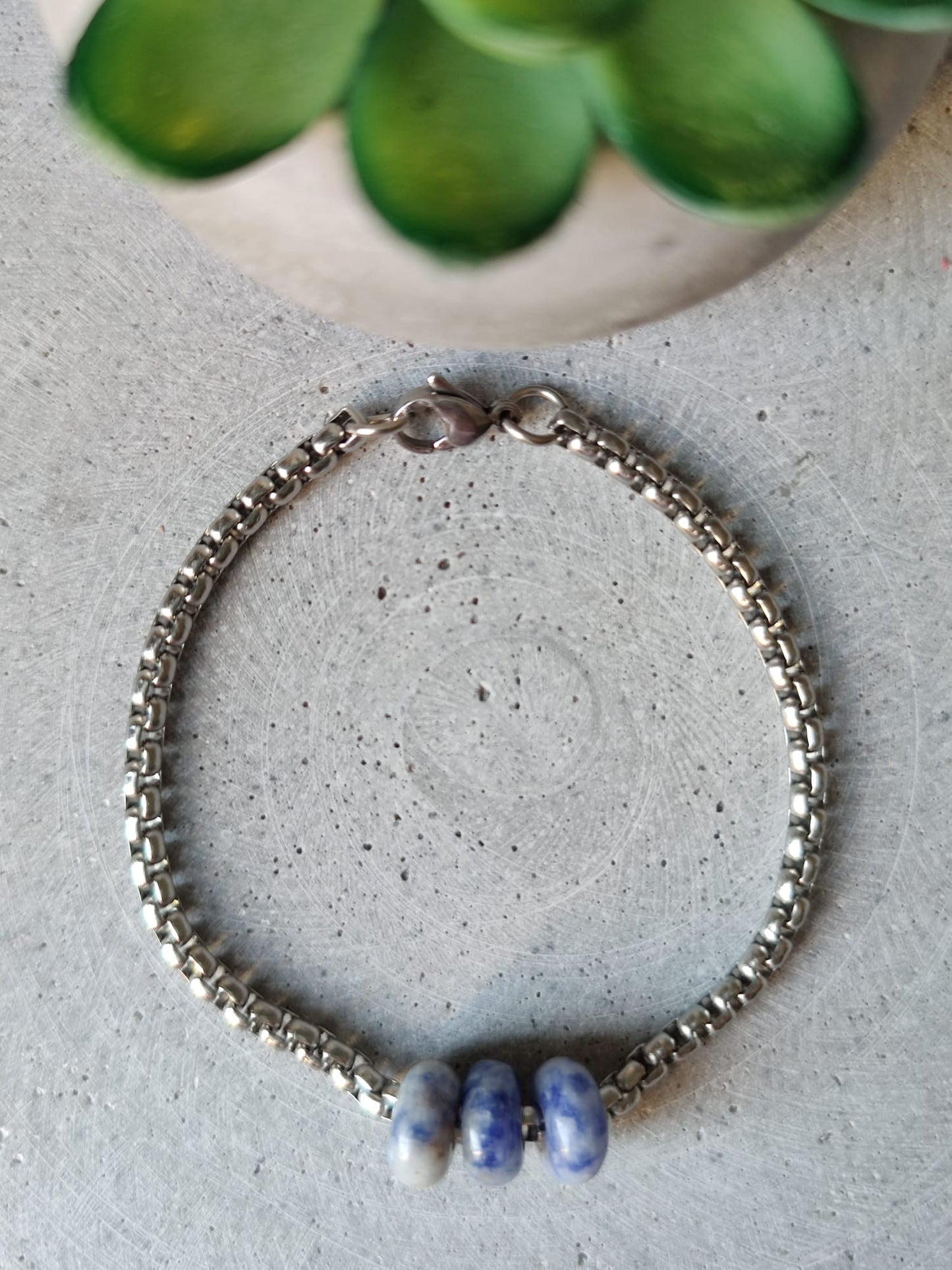 Blue Spot Jasper Donut on Box Chain Stainless Steel Bracelet