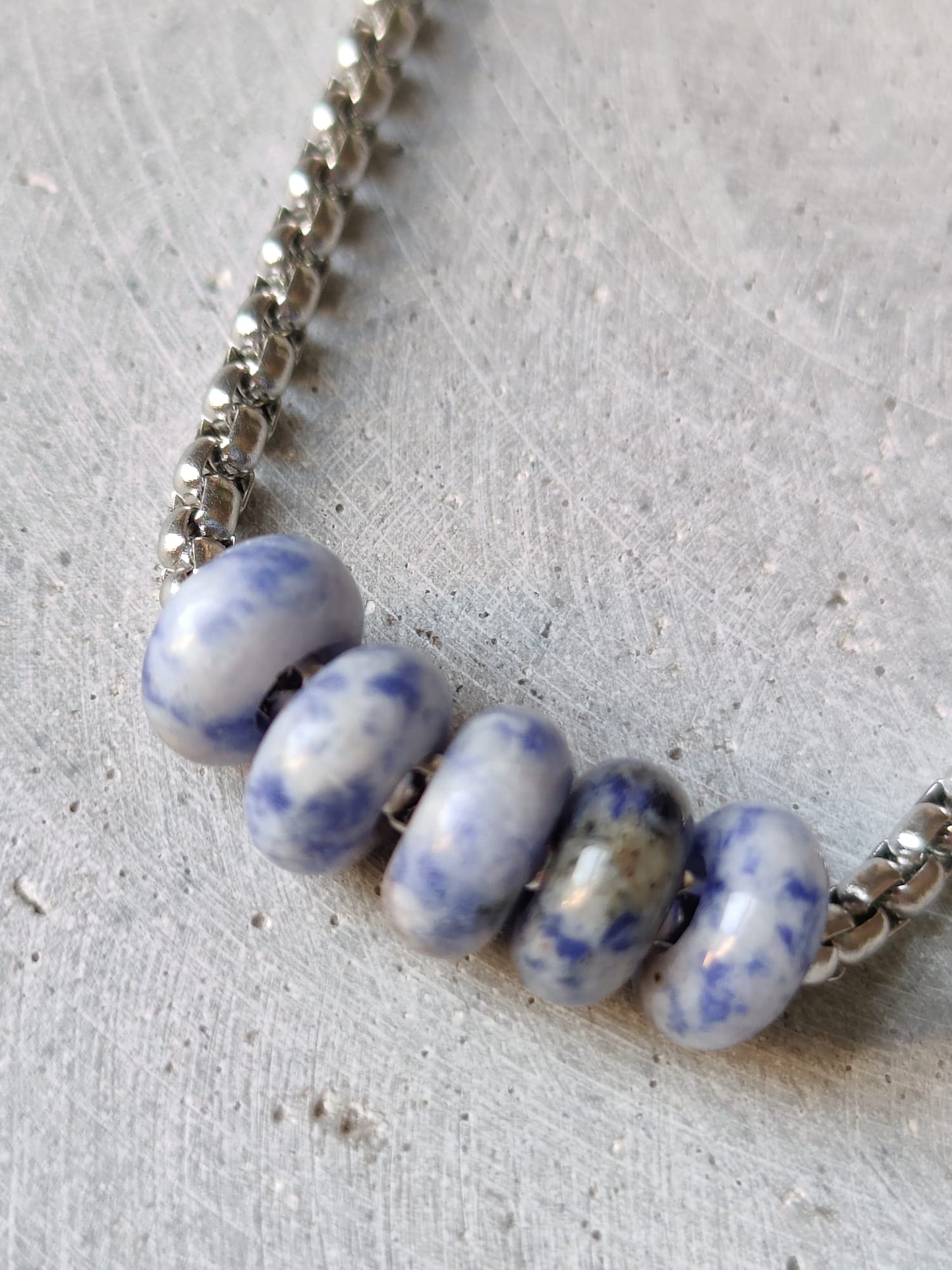 Blue Spot Jasper Donut on Box Chain Stainless Steel Necklace