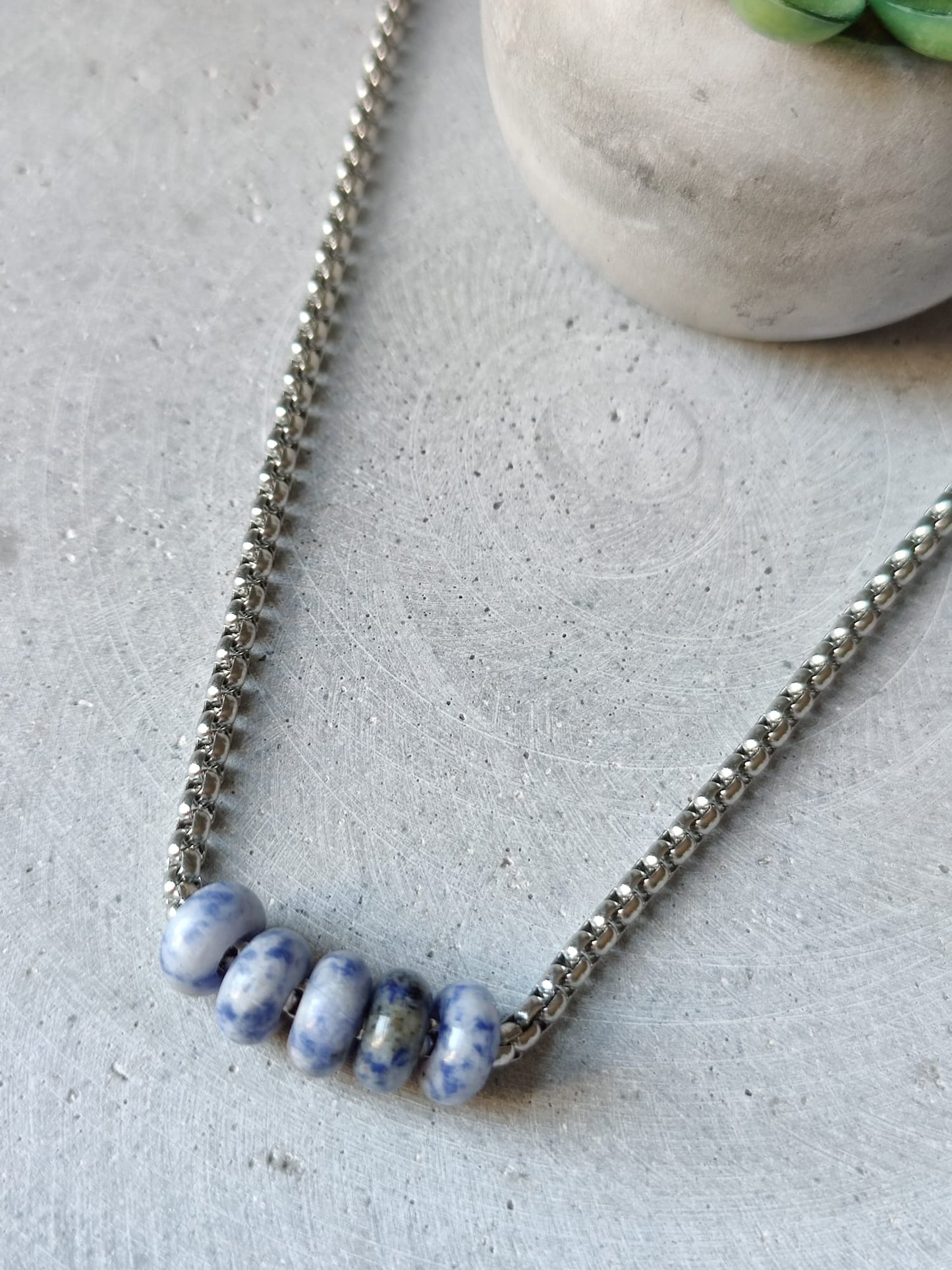 Blue Spot Jasper Donut on Box Chain Stainless Steel Necklace